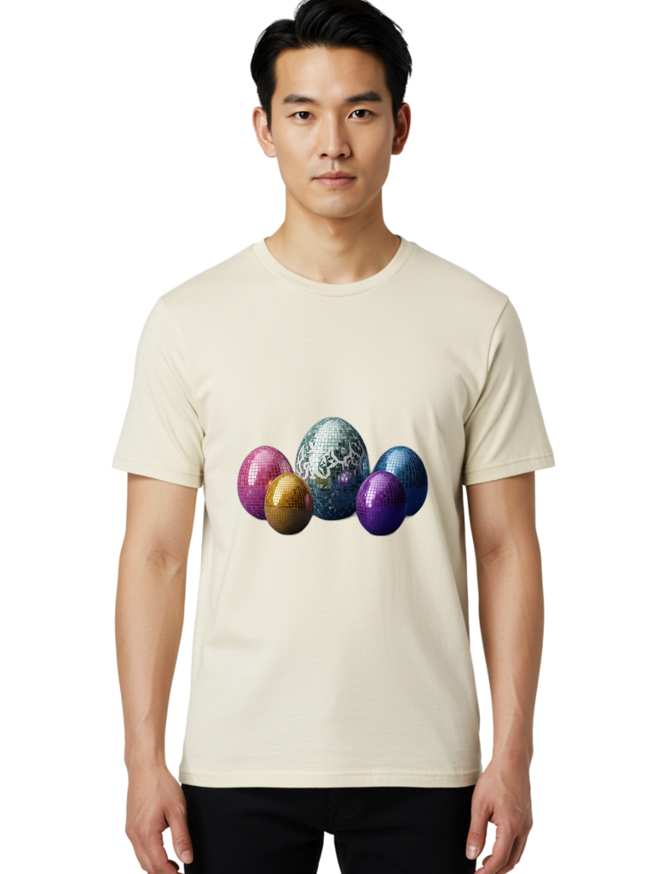 Disco-Eggs Men'S Graphic Tee, 100% Cotton, Comfortable Casual Summer Wear, Machine Washable, Disco Eggs, Mirrored Eggs, Colorful Eggs, Easter Eggs, Shiny Eggs, Festive Decoration, Party Accessories, Reflective Surfaces, Vibrant Colors, Baa452