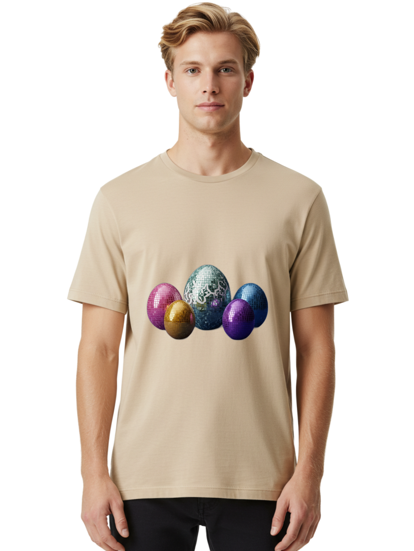 Disco-Eggs Men'S Graphic Tee, 100% Cotton, Comfortable Casual Summer Wear, Machine Washable, Disco Eggs, Mirrored Eggs, Colorful Eggs, Easter Eggs, Shiny Eggs, Festive Decoration, Party Accessories, Reflective Surfaces, Vibrant Colors, Baa452
