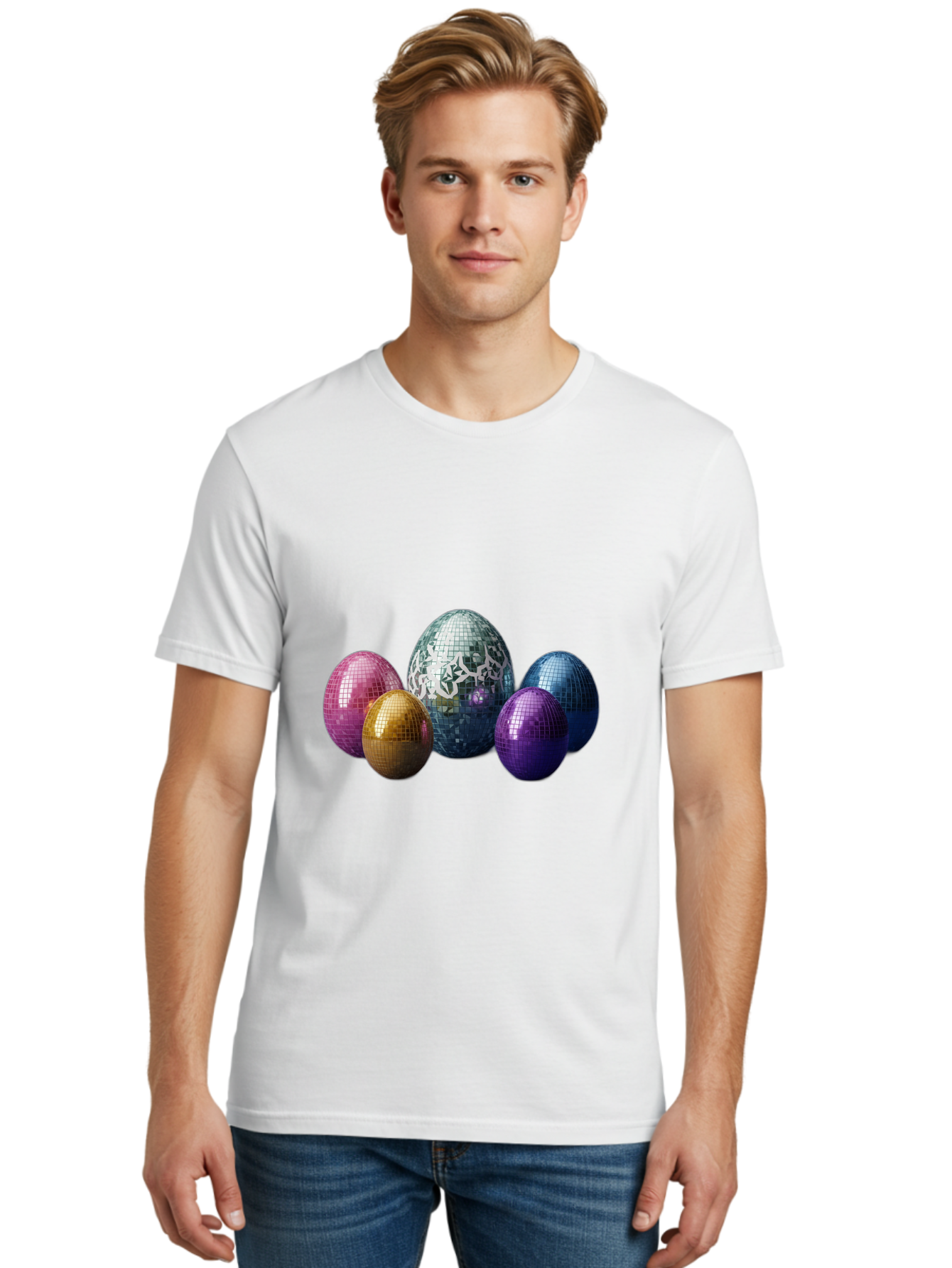 Disco-Eggs Men'S Graphic Tee, 100% Cotton, Comfortable Casual Summer Wear, Machine Washable, Disco Eggs, Mirrored Eggs, Colorful Eggs, Easter Eggs, Shiny Eggs, Festive Decoration, Party Accessories, Reflective Surfaces, Vibrant Colors, Baa452