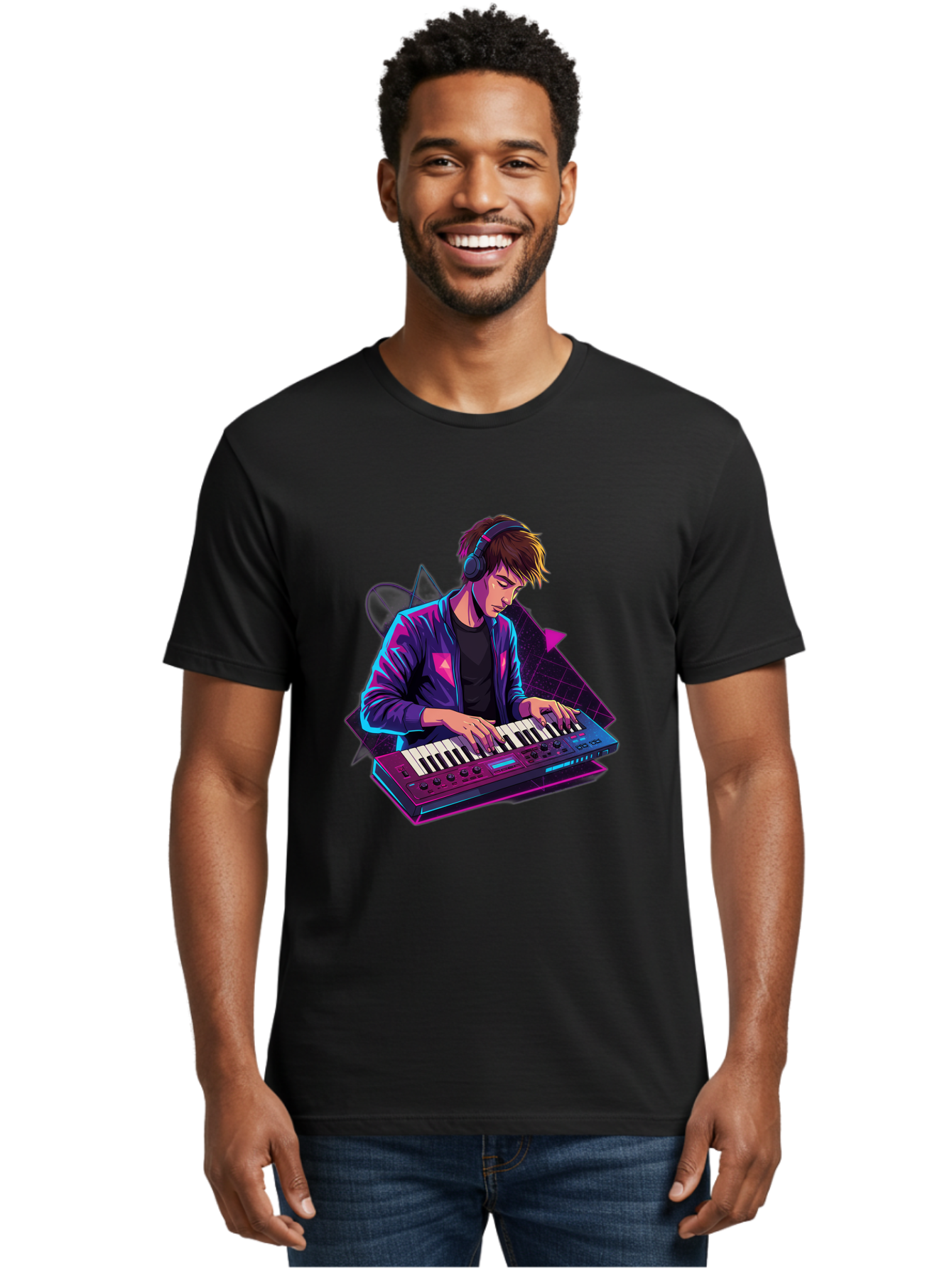Dj-Playing-Keyboard Men'S Graphic Tee, 100% Cotton, Comfortable Casual Summer Wear, Machine Washable, Music Producer, Electronic Music, Synthesizer Keyboard, Futuristic Style, Neon Lights, Dj Equipment, Sound Production, Creative Art Baa454