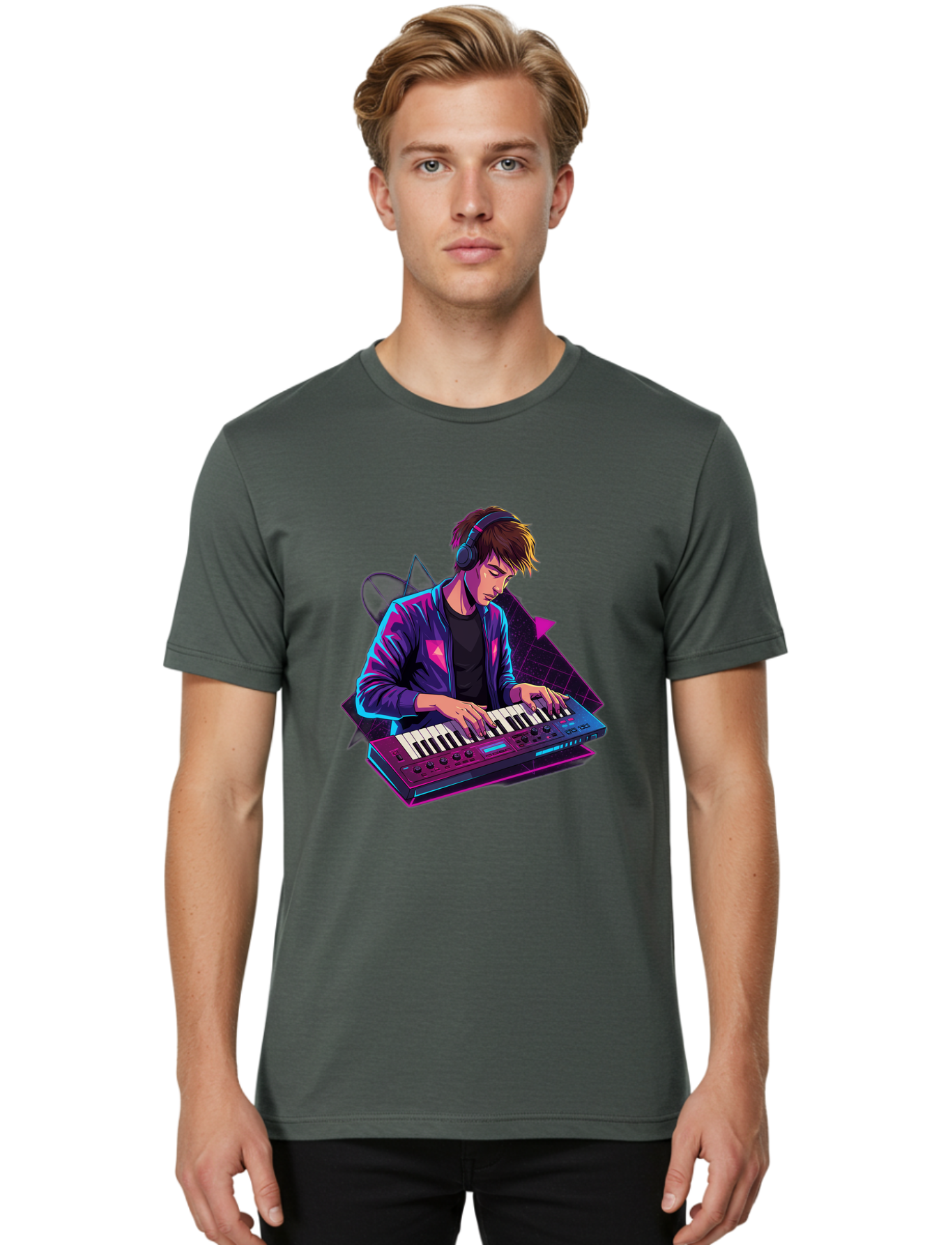 Dj-Playing-Keyboard Men'S Graphic Tee, 100% Cotton, Comfortable Casual Summer Wear, Machine Washable, Music Producer, Electronic Music, Synthesizer Keyboard, Futuristic Style, Neon Lights, Dj Equipment, Sound Production, Creative Art Baa454