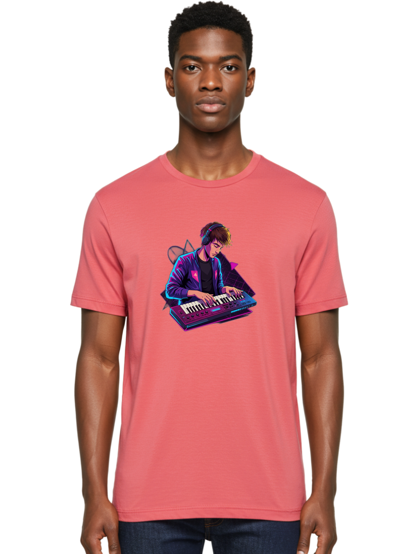 Dj-Playing-Keyboard Men'S Graphic Tee, 100% Cotton, Comfortable Casual Summer Wear, Machine Washable, Music Producer, Electronic Music, Synthesizer Keyboard, Futuristic Style, Neon Lights, Dj Equipment, Sound Production, Creative Art Baa454