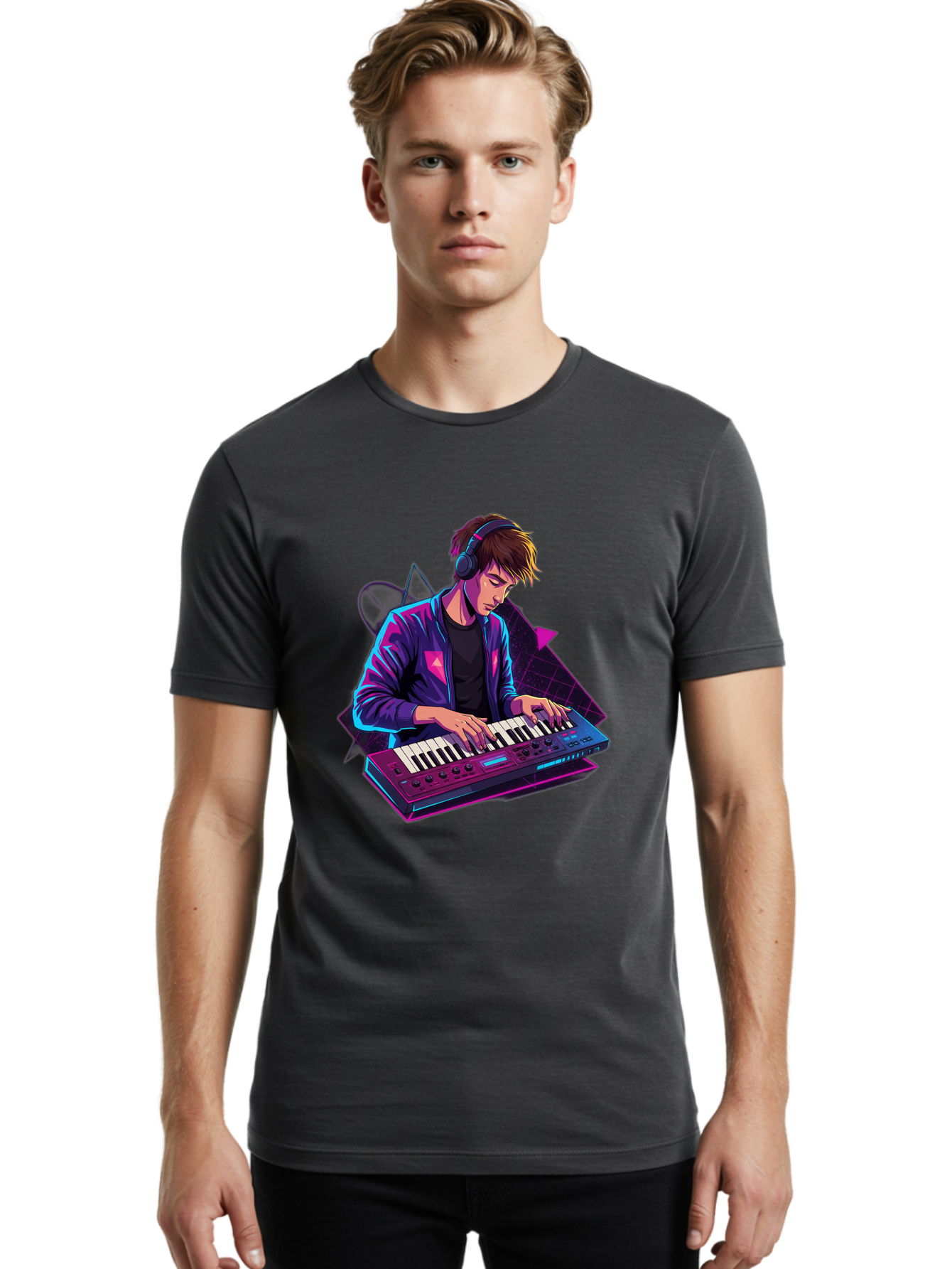 Dj-Playing-Keyboard Men'S Graphic Tee, 100% Cotton, Comfortable Casual Summer Wear, Machine Washable, Music Producer, Electronic Music, Synthesizer Keyboard, Futuristic Style, Neon Lights, Dj Equipment, Sound Production, Creative Art Baa454
