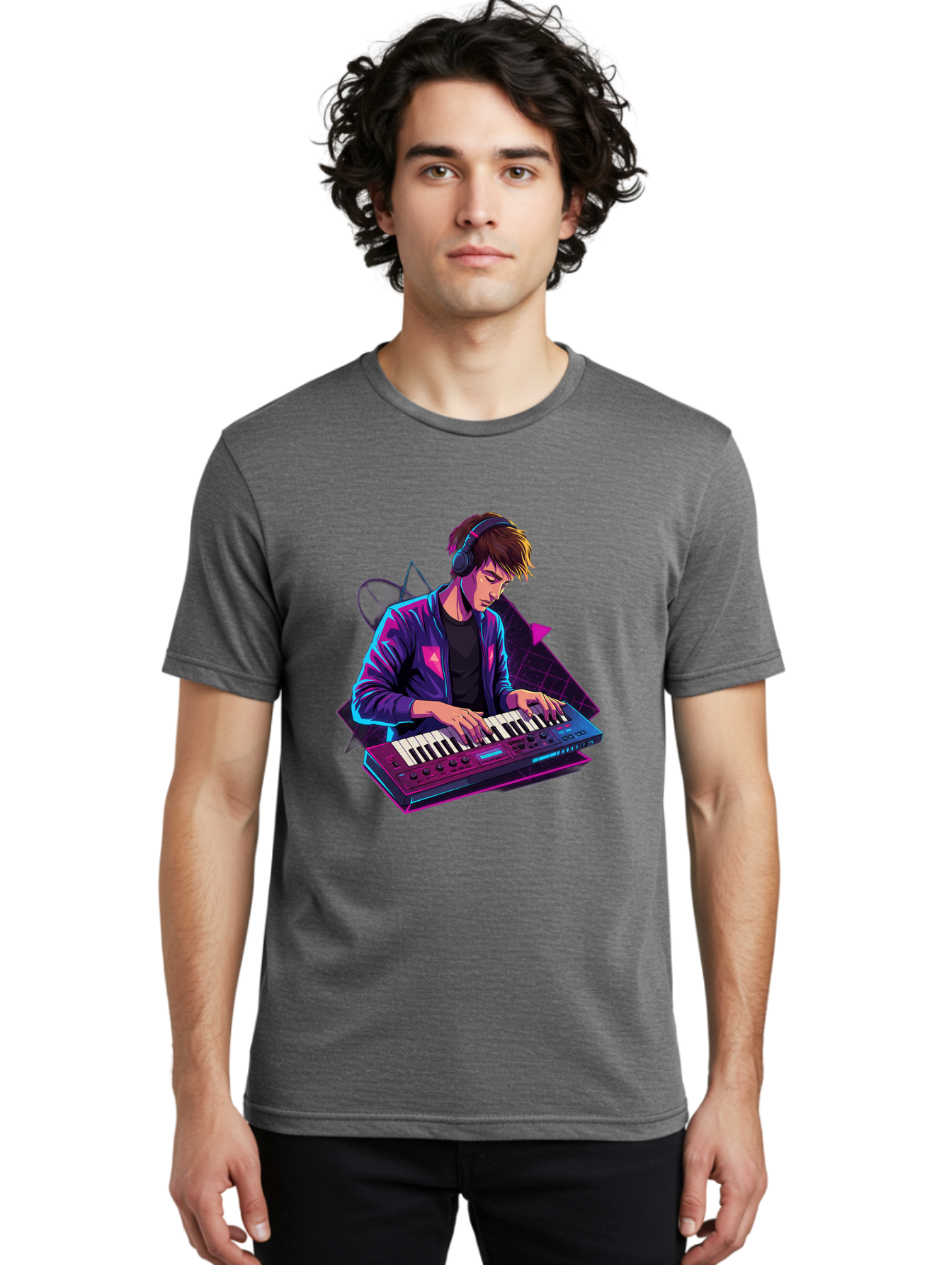 Dj-Playing-Keyboard Men'S Graphic Tee, 100% Cotton, Comfortable Casual Summer Wear, Machine Washable, Music Producer, Electronic Music, Synthesizer Keyboard, Futuristic Style, Neon Lights, Dj Equipment, Sound Production, Creative Art Baa454