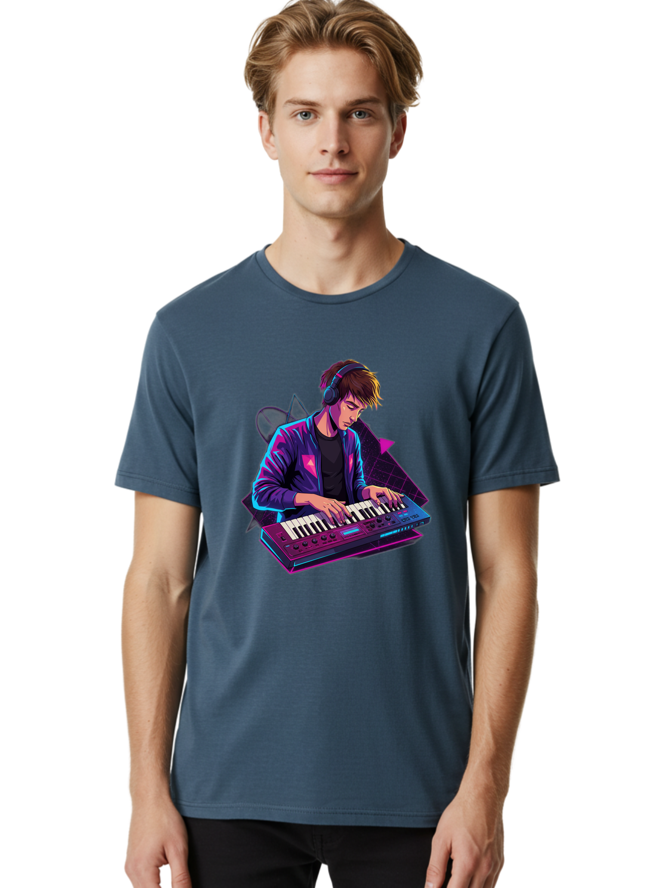 Dj-Playing-Keyboard Men'S Graphic Tee, 100% Cotton, Comfortable Casual Summer Wear, Machine Washable, Music Producer, Electronic Music, Synthesizer Keyboard, Futuristic Style, Neon Lights, Dj Equipment, Sound Production, Creative Art Baa454