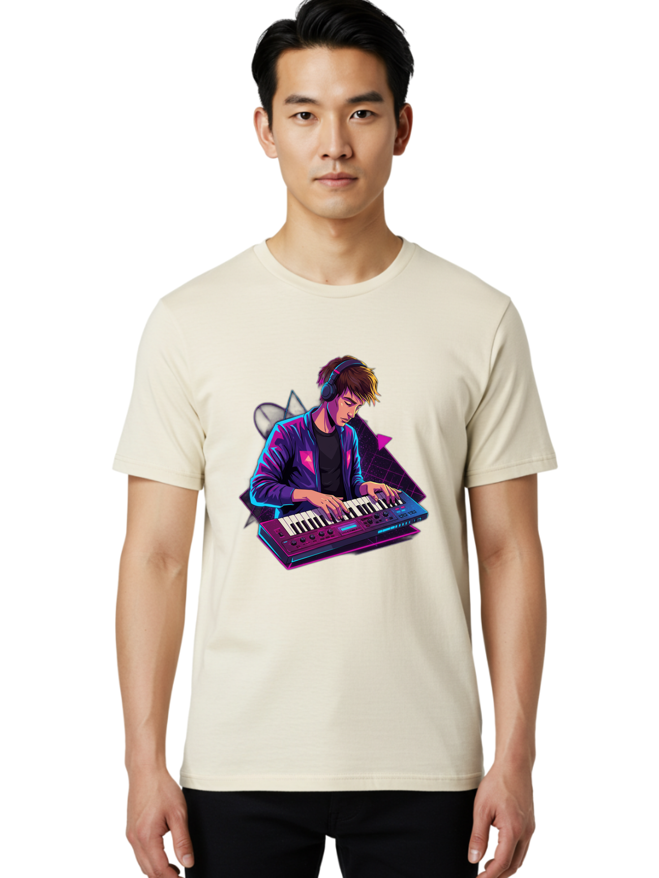 Dj-Playing-Keyboard Men'S Graphic Tee, 100% Cotton, Comfortable Casual Summer Wear, Machine Washable, Music Producer, Electronic Music, Synthesizer Keyboard, Futuristic Style, Neon Lights, Dj Equipment, Sound Production, Creative Art Baa454