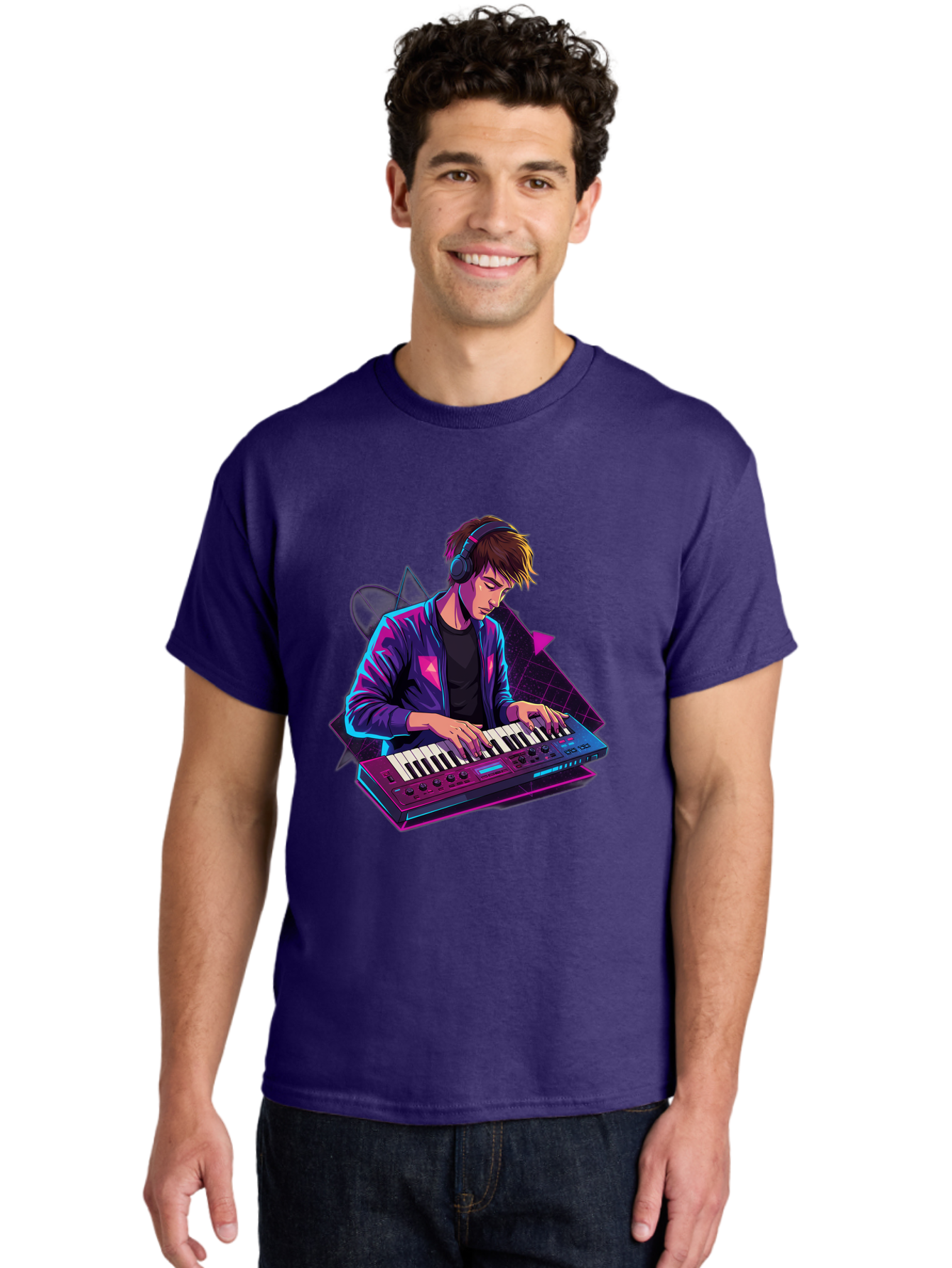 Dj-Playing-Keyboard Men'S Graphic Tee, 100% Cotton, Comfortable Casual Summer Wear, Machine Washable, Music Producer, Electronic Music, Synthesizer Keyboard, Futuristic Style, Neon Lights, Dj Equipment, Sound Production, Creative Art Baa454