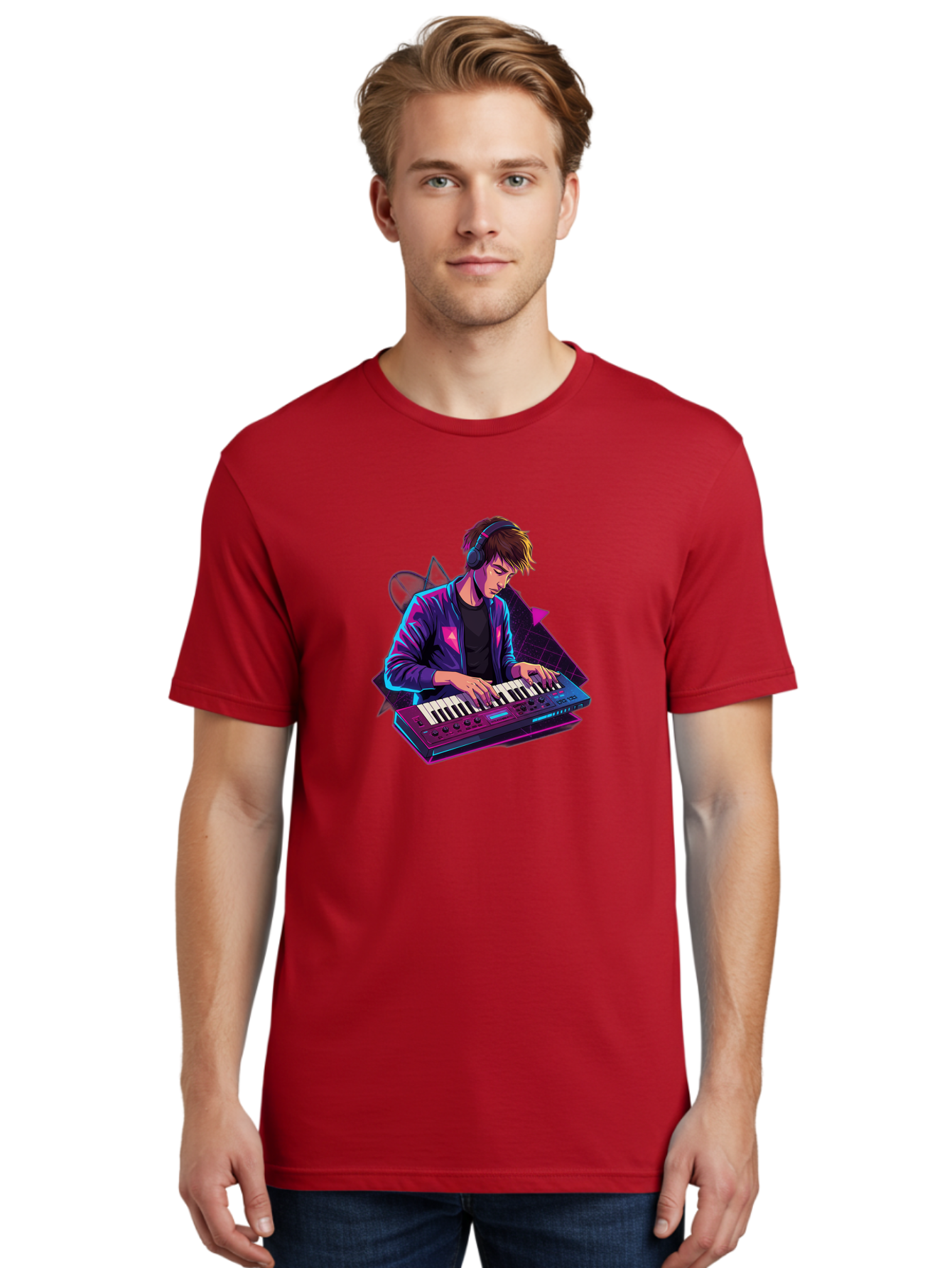 Dj-Playing-Keyboard Men'S Graphic Tee, 100% Cotton, Comfortable Casual Summer Wear, Machine Washable, Music Producer, Electronic Music, Synthesizer Keyboard, Futuristic Style, Neon Lights, Dj Equipment, Sound Production, Creative Art Baa454