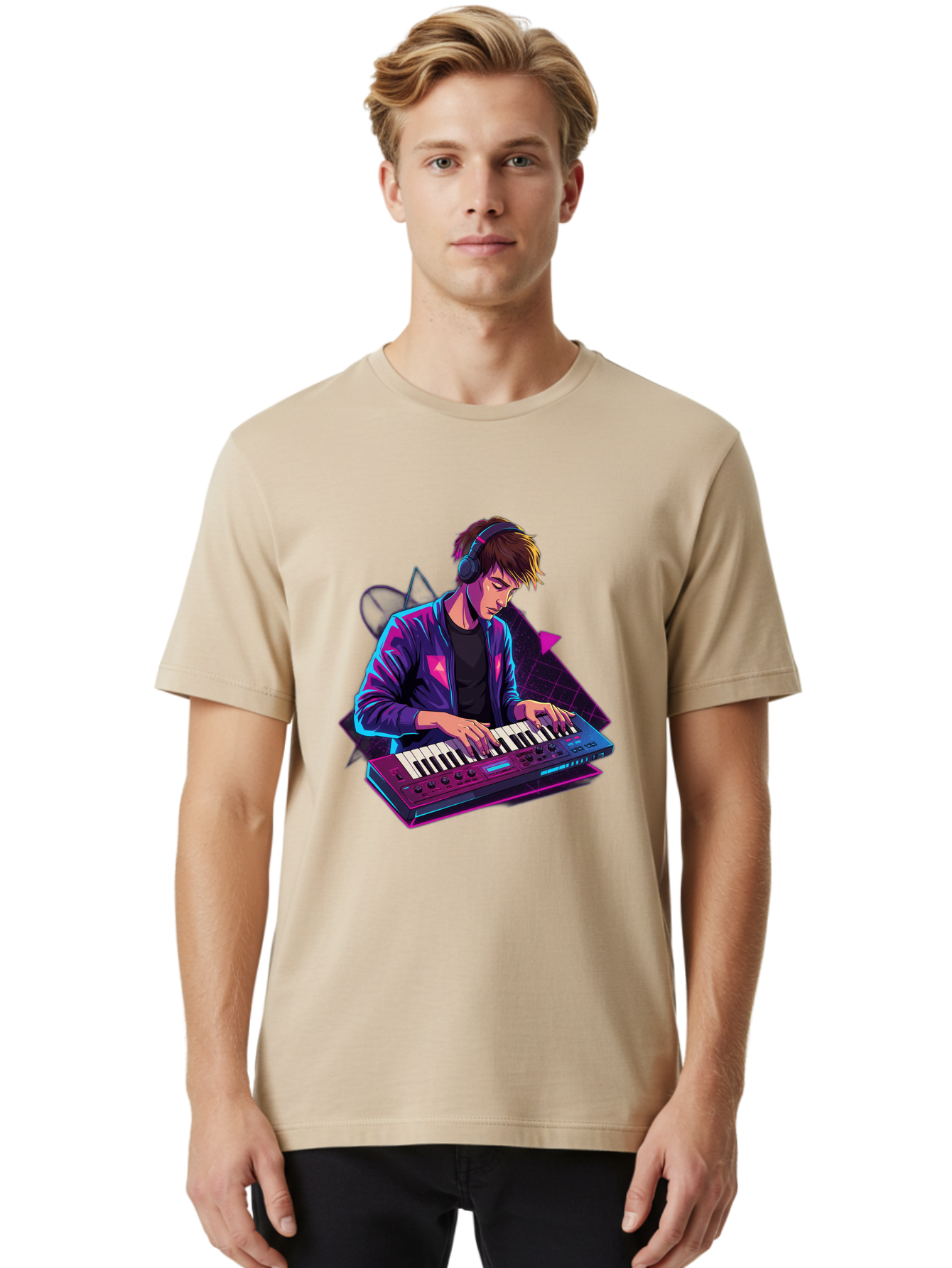 Dj-Playing-Keyboard Men'S Graphic Tee, 100% Cotton, Comfortable Casual Summer Wear, Machine Washable, Music Producer, Electronic Music, Synthesizer Keyboard, Futuristic Style, Neon Lights, Dj Equipment, Sound Production, Creative Art Baa454