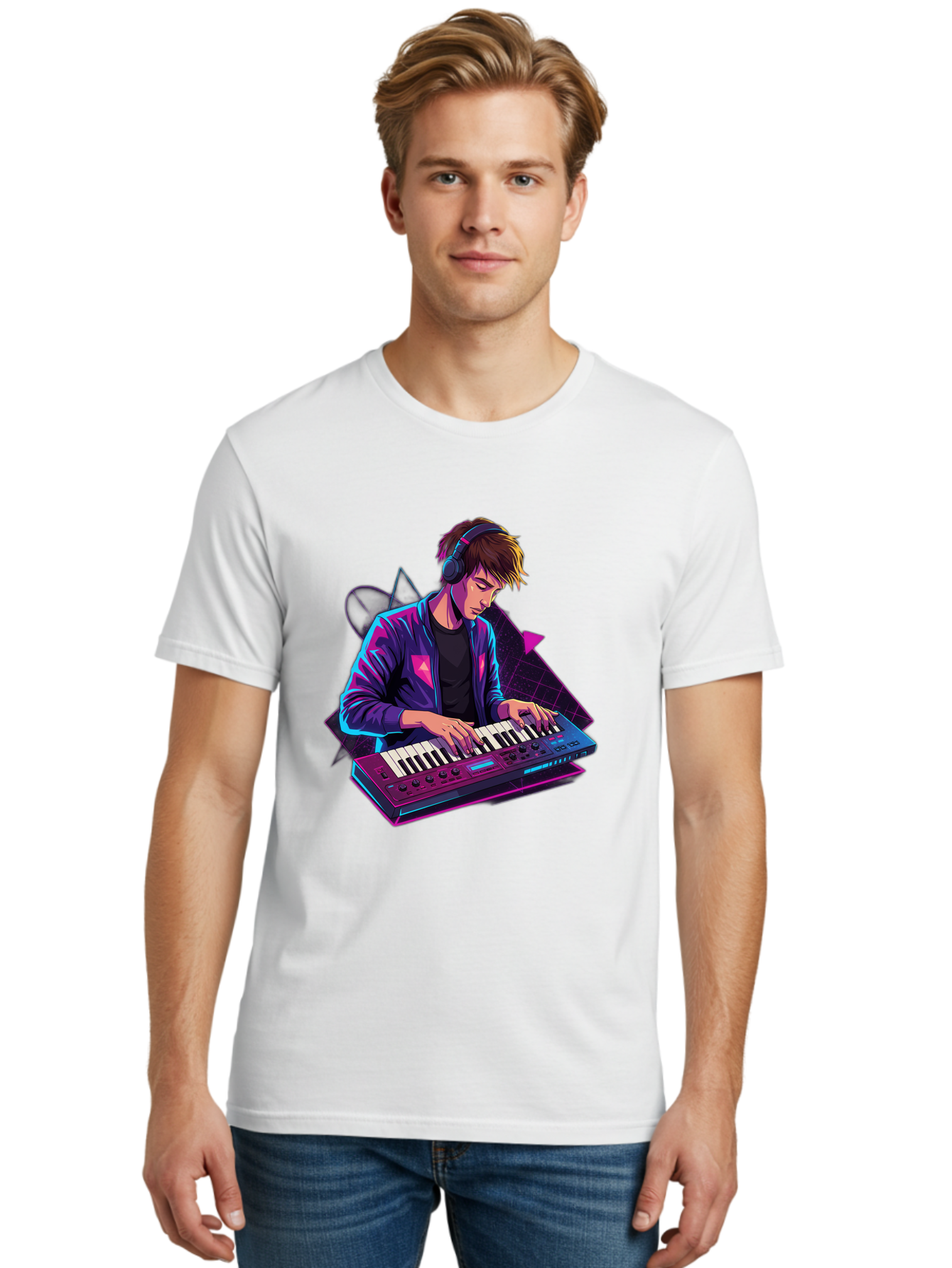 Dj-Playing-Keyboard Men'S Graphic Tee, 100% Cotton, Comfortable Casual Summer Wear, Machine Washable, Music Producer, Electronic Music, Synthesizer Keyboard, Futuristic Style, Neon Lights, Dj Equipment, Sound Production, Creative Art Baa454