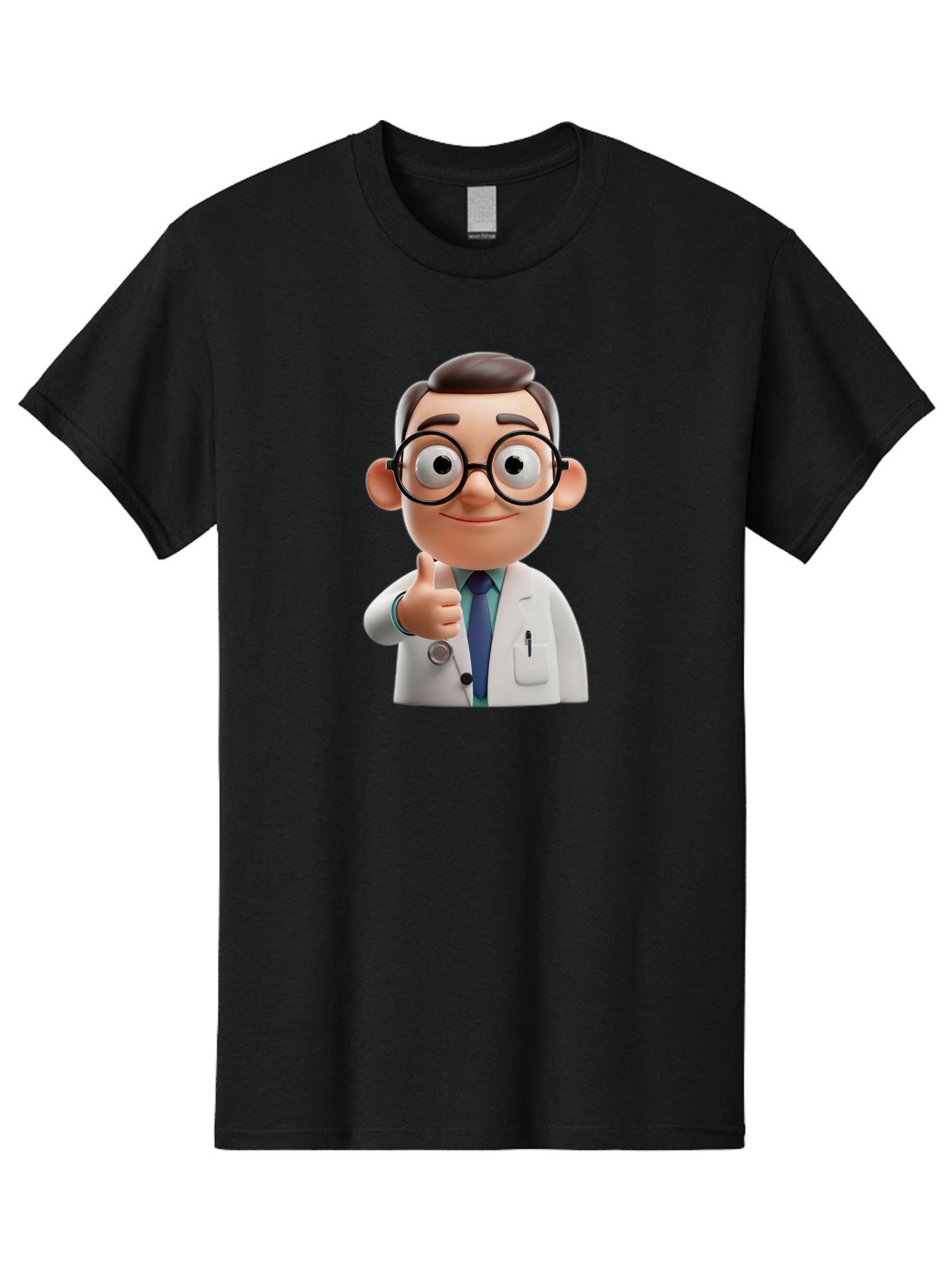 Doctor-1 Men'S Graphic Tee, 100% Cotton, Comfortable Casual Summer Wear, Machine Washable, 3D Cartoon Doctor, Thumbs Up Gesture, Eyeglasses, White Lab Coat, Blue Tie, Stethoscope, Confident Expression, Friendly Demeanor, Medical Professional, Baa455