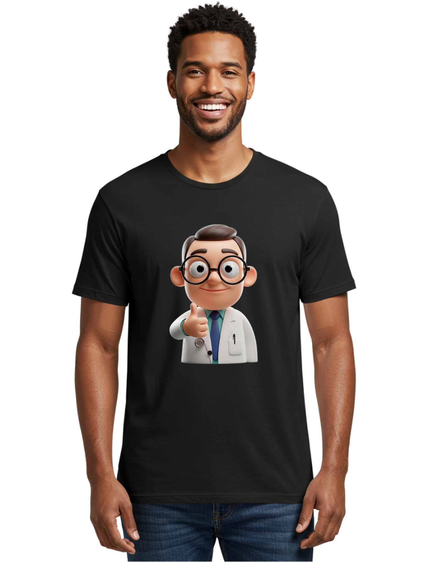Doctor-1 Men'S Graphic Tee, 100% Cotton, Comfortable Casual Summer Wear, Machine Washable, 3D Cartoon Doctor, Thumbs Up Gesture, Eyeglasses, White Lab Coat, Blue Tie, Stethoscope, Confident Expression, Friendly Demeanor, Medical Professional, Baa455