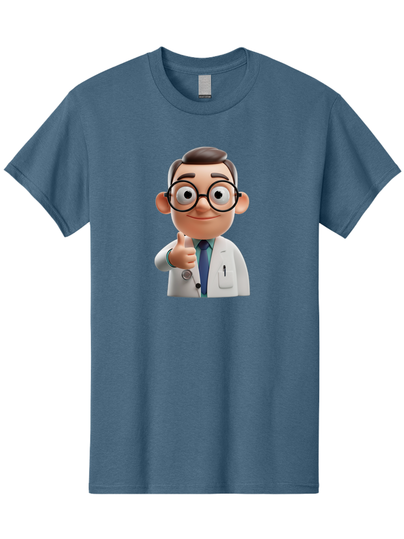 Doctor-1 Men'S Graphic Tee, 100% Cotton, Comfortable Casual Summer Wear, Machine Washable, 3D Cartoon Doctor, Thumbs Up Gesture, Eyeglasses, White Lab Coat, Blue Tie, Stethoscope, Confident Expression, Friendly Demeanor, Medical Professional, Baa455