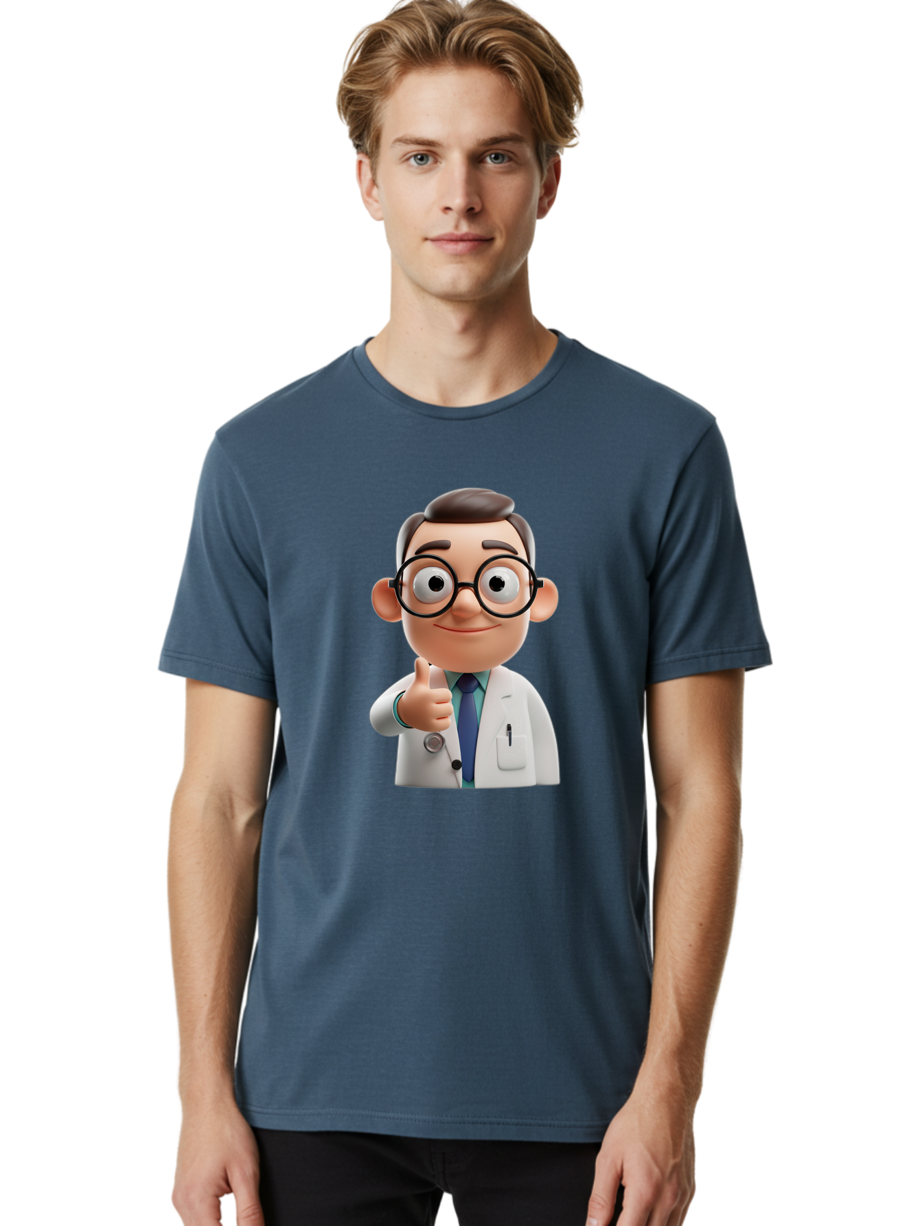 Doctor-1 Men'S Graphic Tee, 100% Cotton, Comfortable Casual Summer Wear, Machine Washable, 3D Cartoon Doctor, Thumbs Up Gesture, Eyeglasses, White Lab Coat, Blue Tie, Stethoscope, Confident Expression, Friendly Demeanor, Medical Professional, Baa455