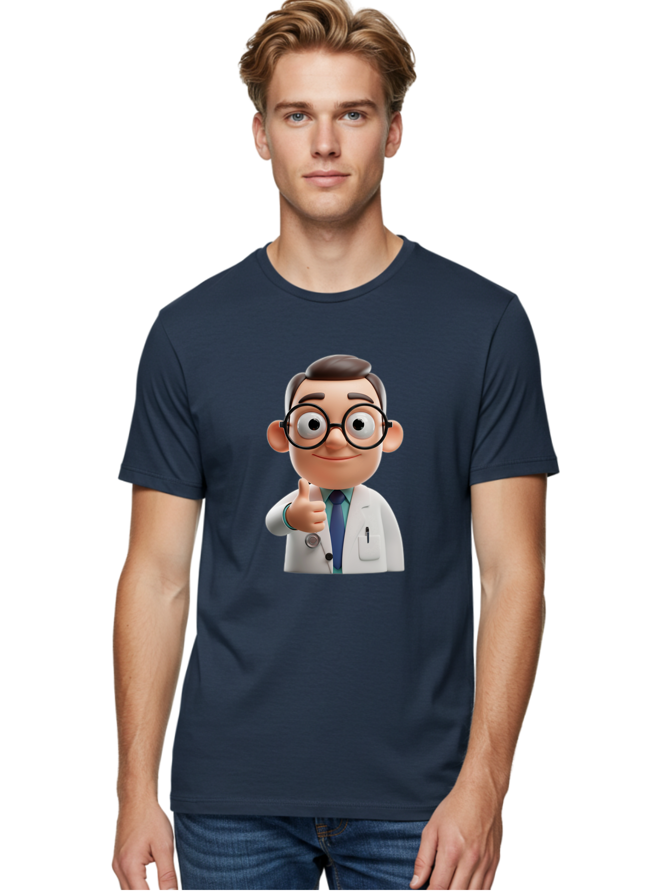 Doctor-1 Men'S Graphic Tee, 100% Cotton, Comfortable Casual Summer Wear, Machine Washable, 3D Cartoon Doctor, Thumbs Up Gesture, Eyeglasses, White Lab Coat, Blue Tie, Stethoscope, Confident Expression, Friendly Demeanor, Medical Professional, Baa455