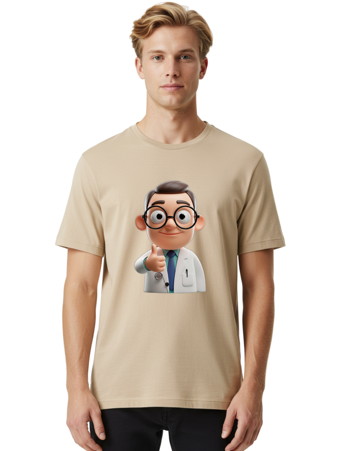 Doctor-1 Men'S Graphic Tee, 100% Cotton, Comfortable Casual Summer Wear, Machine Washable, 3D Cartoon Doctor, Thumbs Up Gesture, Eyeglasses, White Lab Coat, Blue Tie, Stethoscope, Confident Expression, Friendly Demeanor, Medical Professional, Baa455
