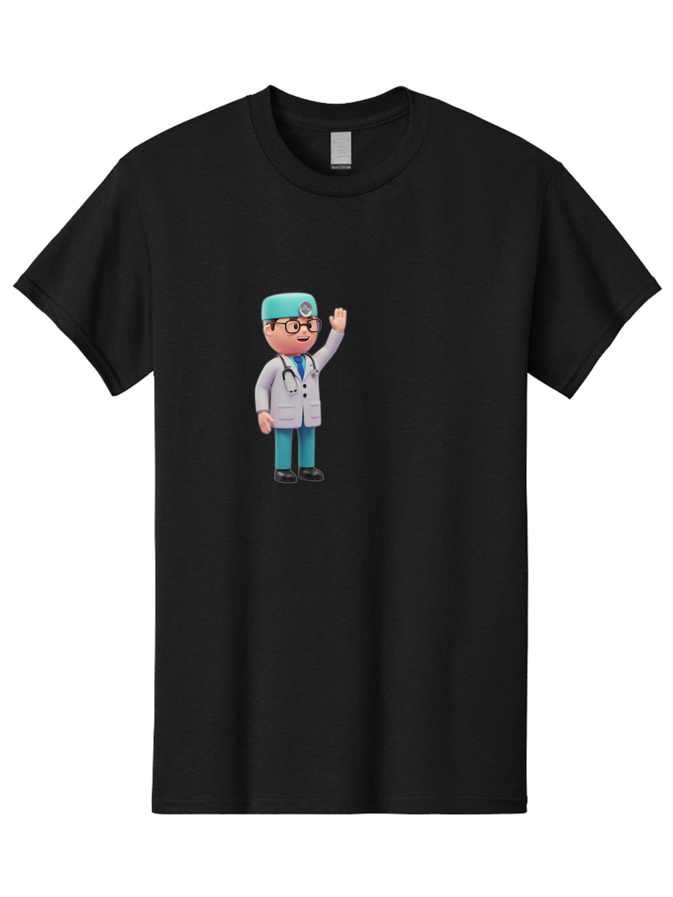 Doctor-3D-Character Men'S Graphic Tee, 100% Cotton, Comfortable Casual Summer Wear, Machine Washable, Cartoon Doctor, Medical Professional, Friendly Character, Waving Gesture, White Lab Coat, Stethoscope, Blue Scrubs, Healthcare Worker, Baa458
