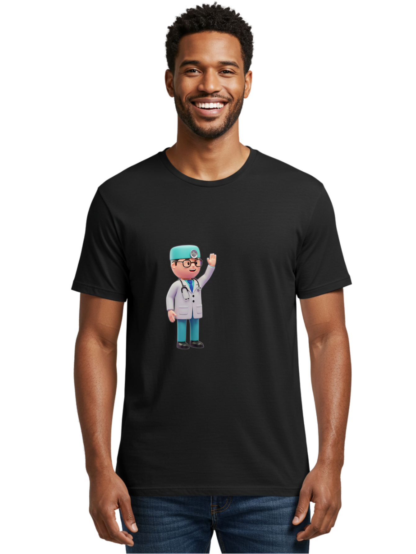 Doctor-3D-Character Men'S Graphic Tee, 100% Cotton, Comfortable Casual Summer Wear, Machine Washable, Cartoon Doctor, Medical Professional, Friendly Character, Waving Gesture, White Lab Coat, Stethoscope, Blue Scrubs, Healthcare Worker, Baa458