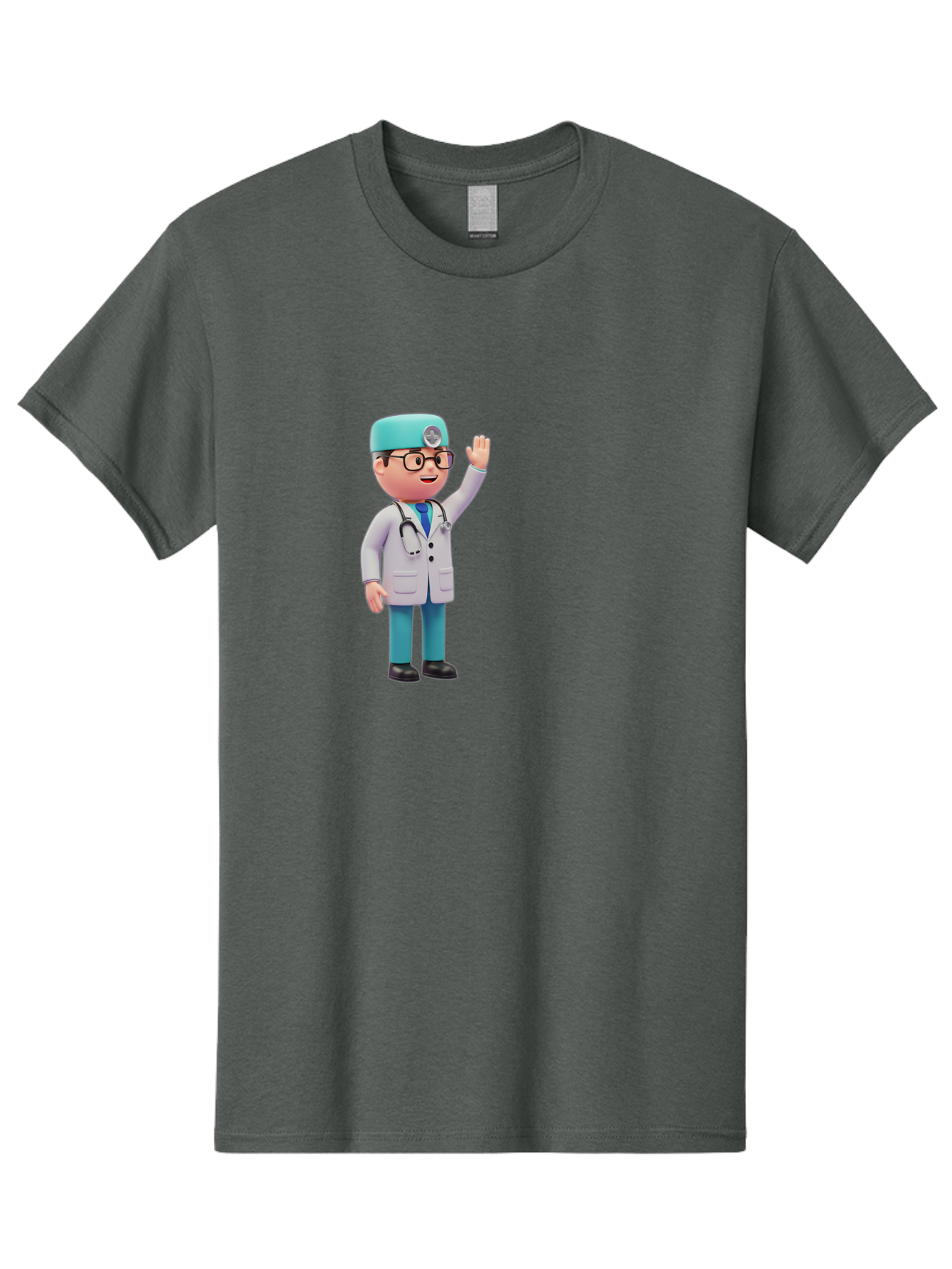 Doctor-3D-Character Men'S Graphic Tee, 100% Cotton, Comfortable Casual Summer Wear, Machine Washable, Cartoon Doctor, Medical Professional, Friendly Character, Waving Gesture, White Lab Coat, Stethoscope, Blue Scrubs, Healthcare Worker, Baa458