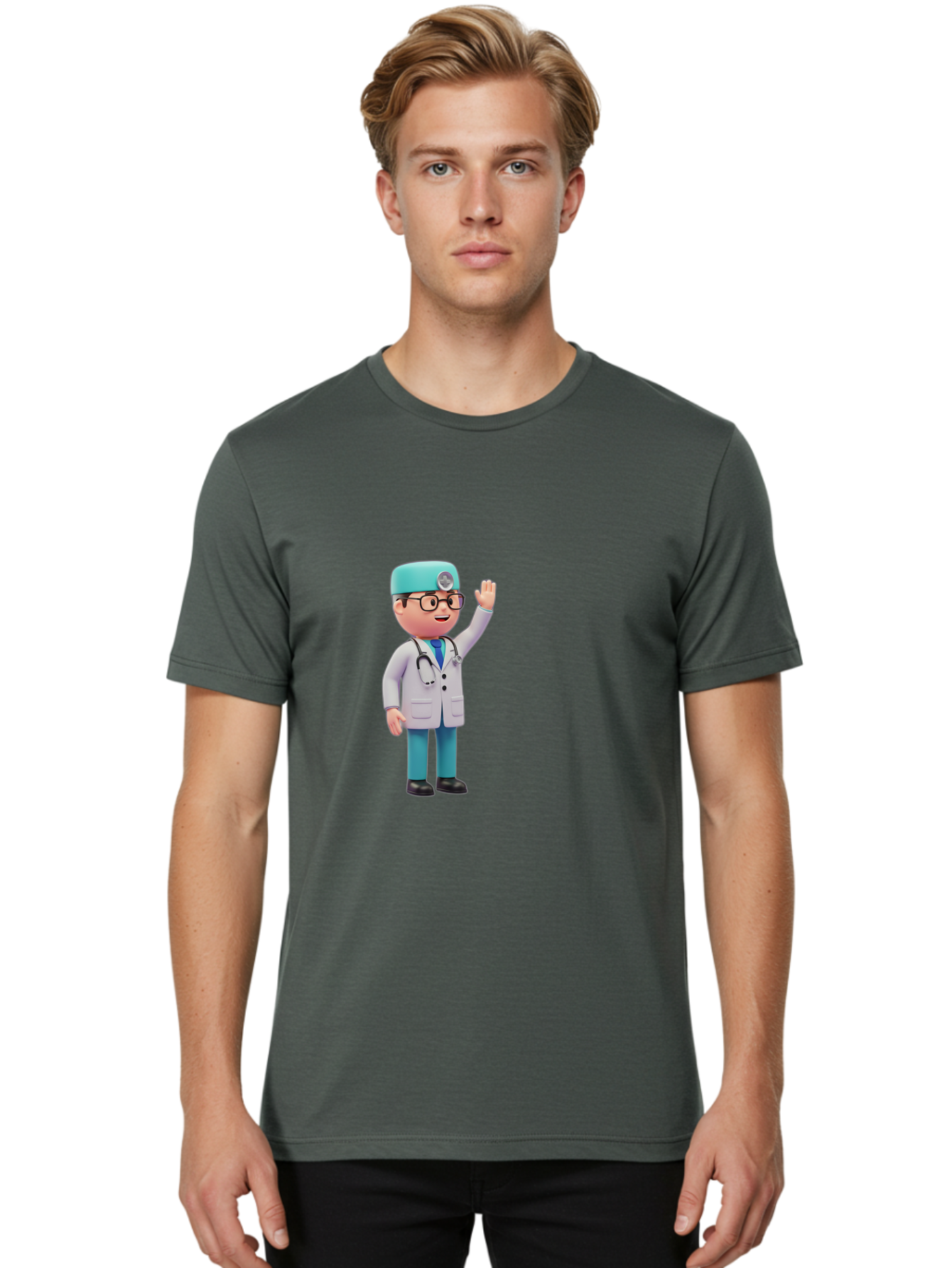 Doctor-3D-Character Men'S Graphic Tee, 100% Cotton, Comfortable Casual Summer Wear, Machine Washable, Cartoon Doctor, Medical Professional, Friendly Character, Waving Gesture, White Lab Coat, Stethoscope, Blue Scrubs, Healthcare Worker, Baa458