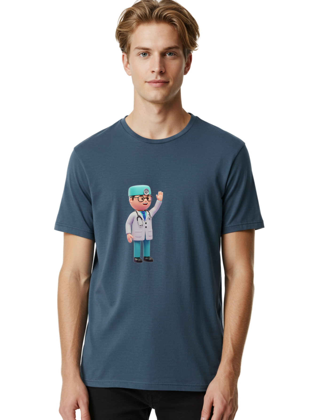 Doctor-3D-Character Men'S Graphic Tee, 100% Cotton, Comfortable Casual Summer Wear, Machine Washable, Cartoon Doctor, Medical Professional, Friendly Character, Waving Gesture, White Lab Coat, Stethoscope, Blue Scrubs, Healthcare Worker, Baa458