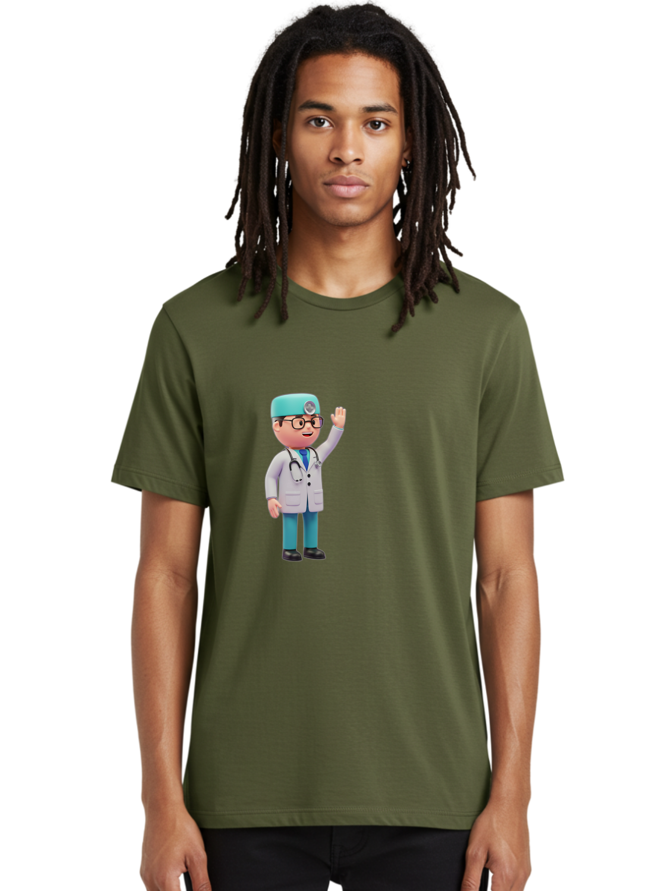 Doctor-3D-Character Men'S Graphic Tee, 100% Cotton, Comfortable Casual Summer Wear, Machine Washable, Cartoon Doctor, Medical Professional, Friendly Character, Waving Gesture, White Lab Coat, Stethoscope, Blue Scrubs, Healthcare Worker, Baa458