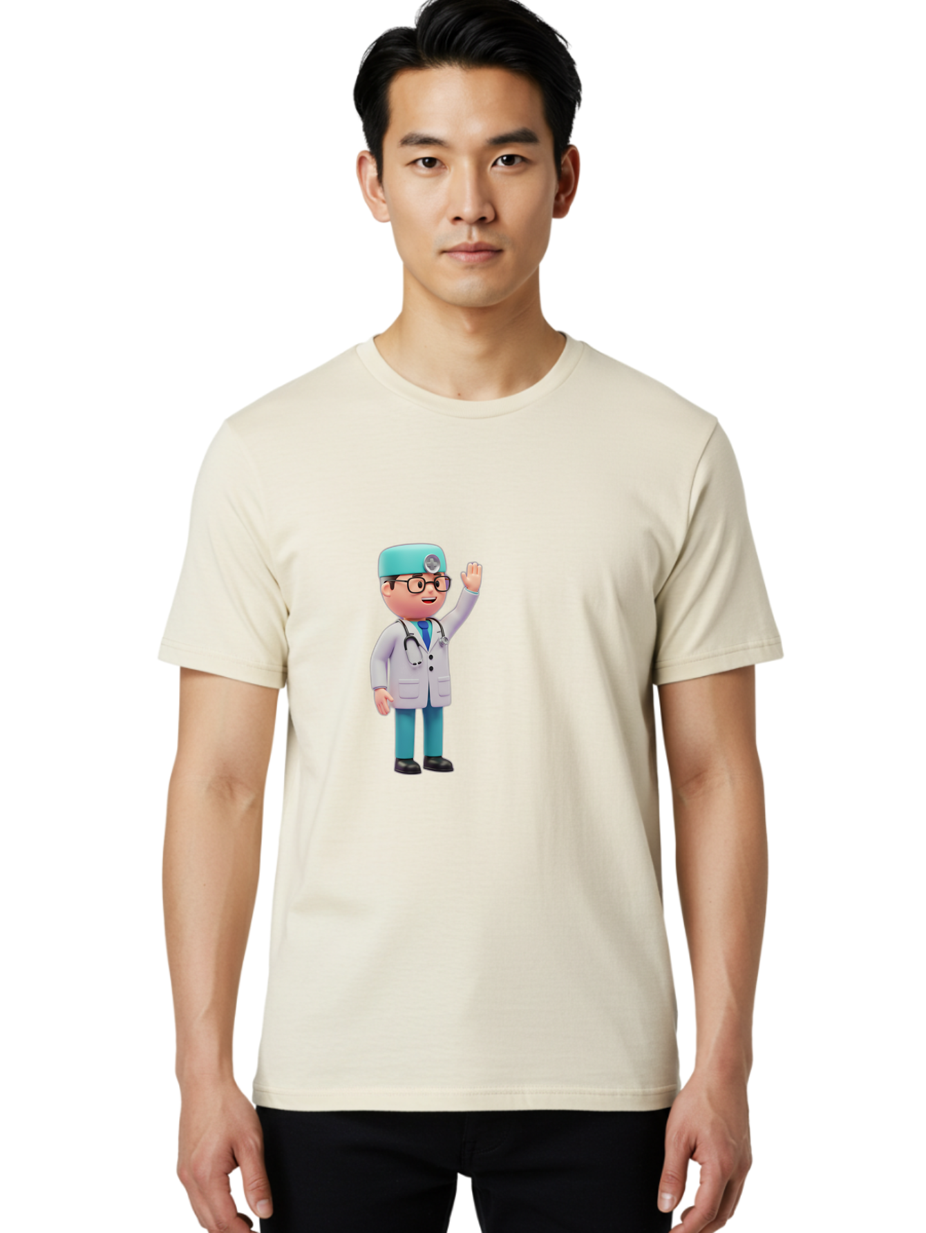 Doctor-3D-Character Men'S Graphic Tee, 100% Cotton, Comfortable Casual Summer Wear, Machine Washable, Cartoon Doctor, Medical Professional, Friendly Character, Waving Gesture, White Lab Coat, Stethoscope, Blue Scrubs, Healthcare Worker, Baa458