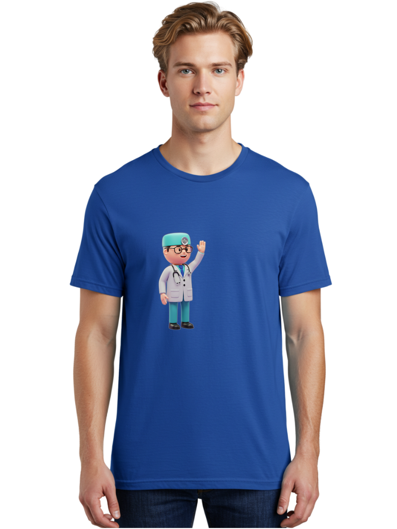 Doctor-3D-Character Men'S Graphic Tee, 100% Cotton, Comfortable Casual Summer Wear, Machine Washable, Cartoon Doctor, Medical Professional, Friendly Character, Waving Gesture, White Lab Coat, Stethoscope, Blue Scrubs, Healthcare Worker, Baa458