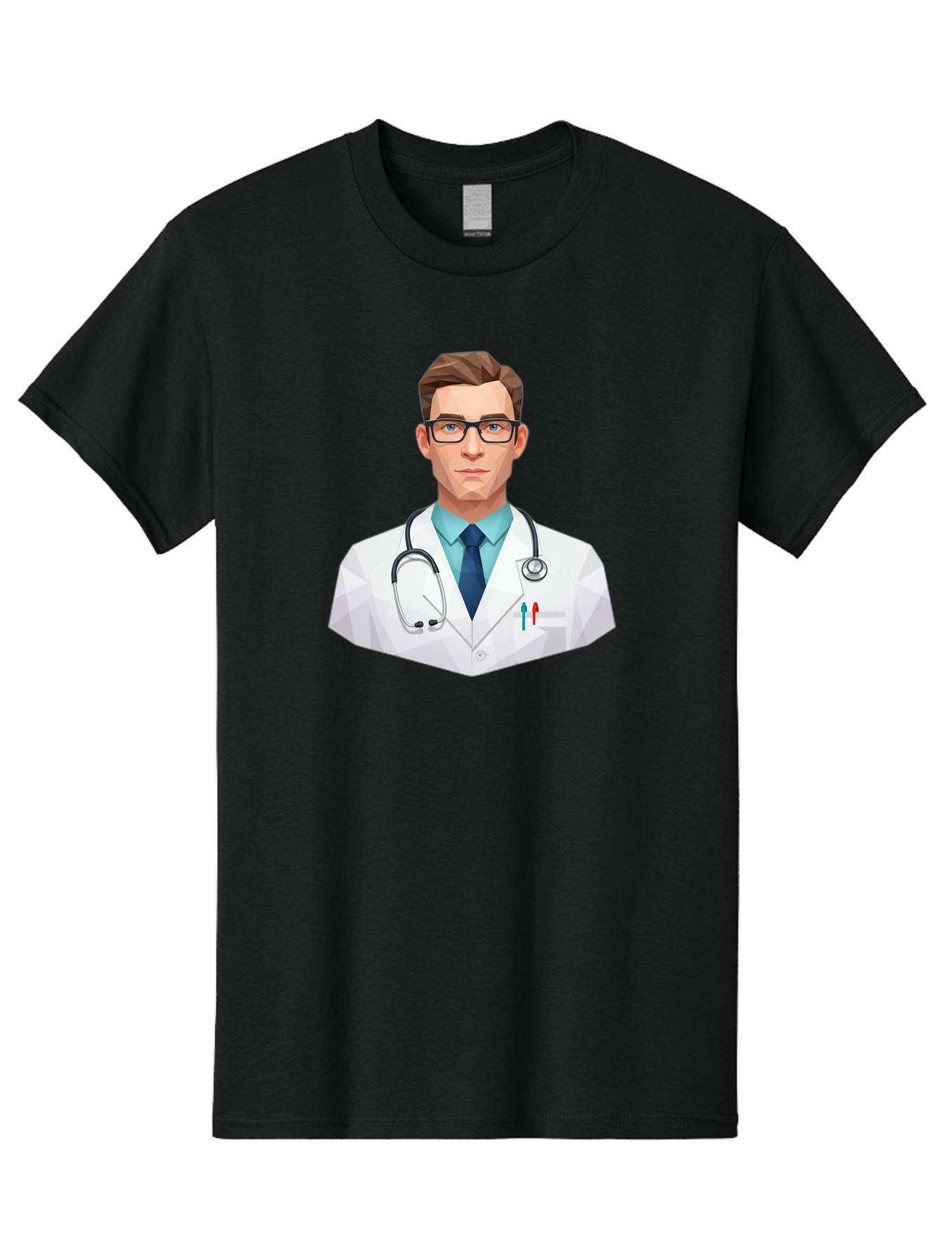 Doctor-4 Men'S Graphic Tee, 100% Cotton, Comfortable Casual Summer Wear, Machine Washable, Male Doctor, Medical Professional, Stethoscope Around Neck, White Lab Coat, Blue Shirt, Dark Blue Tie, Pens In Pocket, Glasses, Low Poly Style, Baa459