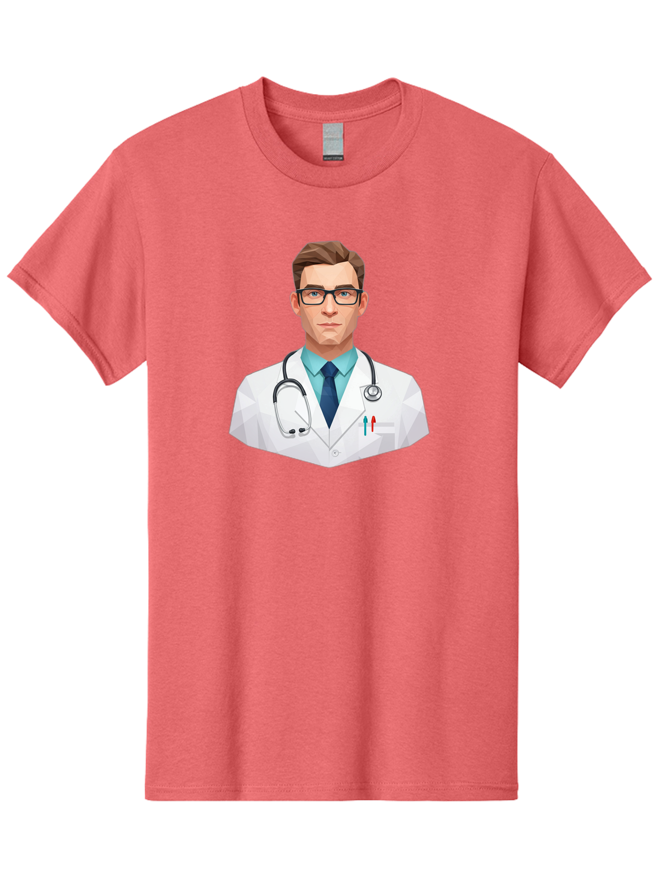 Doctor-4 Men'S Graphic Tee, 100% Cotton, Comfortable Casual Summer Wear, Machine Washable, Male Doctor, Medical Professional, Stethoscope Around Neck, White Lab Coat, Blue Shirt, Dark Blue Tie, Pens In Pocket, Glasses, Low Poly Style, Baa459