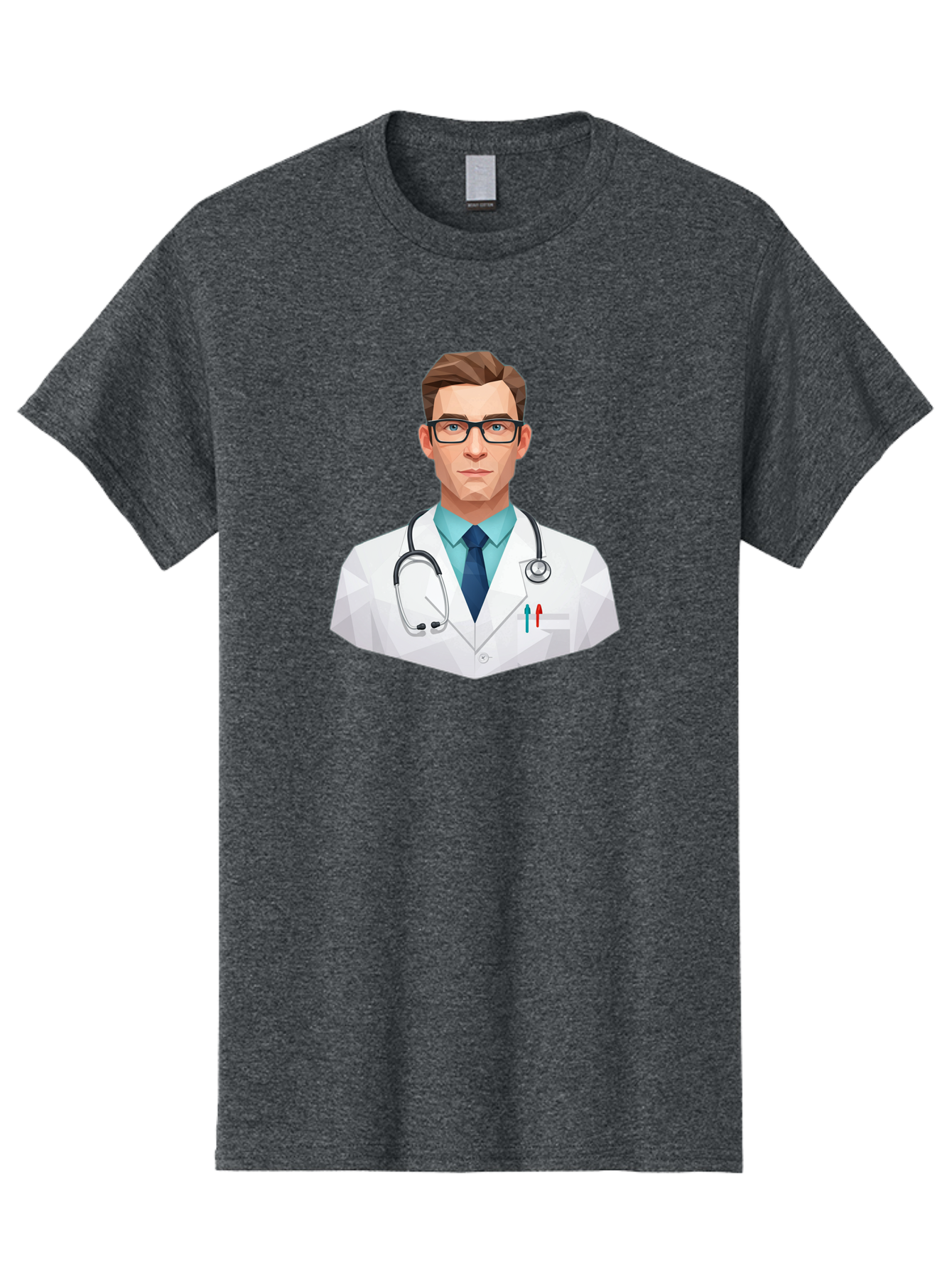 Doctor-4 Men'S Graphic Tee, 100% Cotton, Comfortable Casual Summer Wear, Machine Washable, Male Doctor, Medical Professional, Stethoscope Around Neck, White Lab Coat, Blue Shirt, Dark Blue Tie, Pens In Pocket, Glasses, Low Poly Style, Baa459