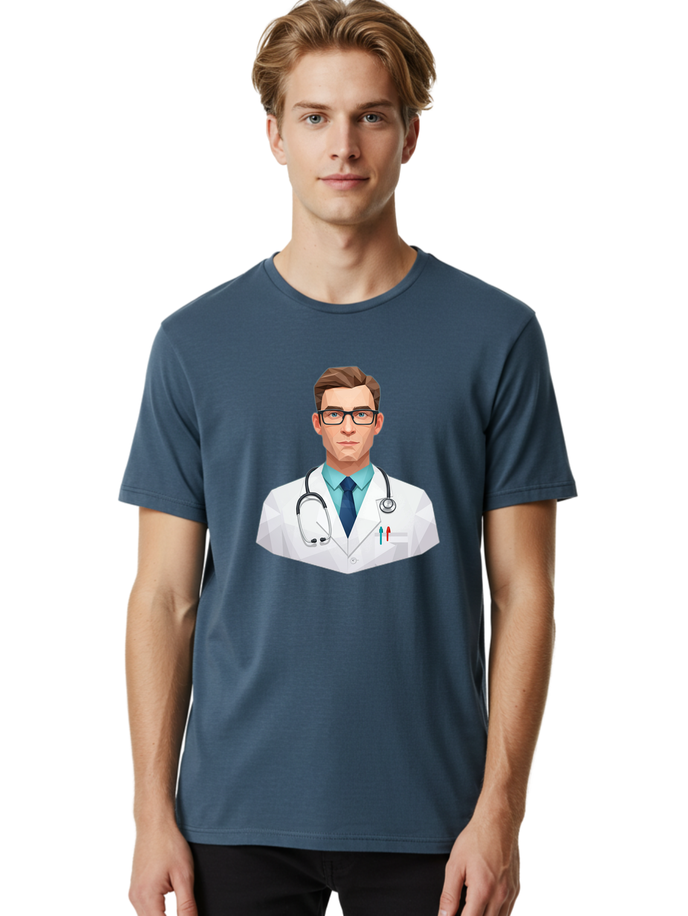 Doctor-4 Men'S Graphic Tee, 100% Cotton, Comfortable Casual Summer Wear, Machine Washable, Male Doctor, Medical Professional, Stethoscope Around Neck, White Lab Coat, Blue Shirt, Dark Blue Tie, Pens In Pocket, Glasses, Low Poly Style, Baa459