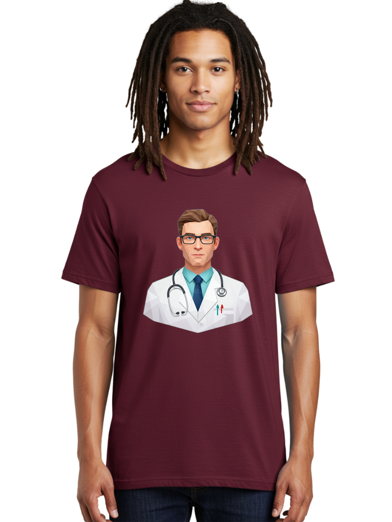 Doctor-4 Men'S Graphic Tee, 100% Cotton, Comfortable Casual Summer Wear, Machine Washable, Male Doctor, Medical Professional, Stethoscope Around Neck, White Lab Coat, Blue Shirt, Dark Blue Tie, Pens In Pocket, Glasses, Low Poly Style, Baa459