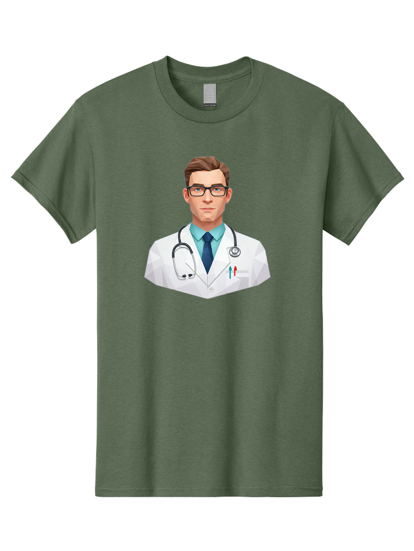 Doctor-4 Men'S Graphic Tee, 100% Cotton, Comfortable Casual Summer Wear, Machine Washable, Male Doctor, Medical Professional, Stethoscope Around Neck, White Lab Coat, Blue Shirt, Dark Blue Tie, Pens In Pocket, Glasses, Low Poly Style, Baa459