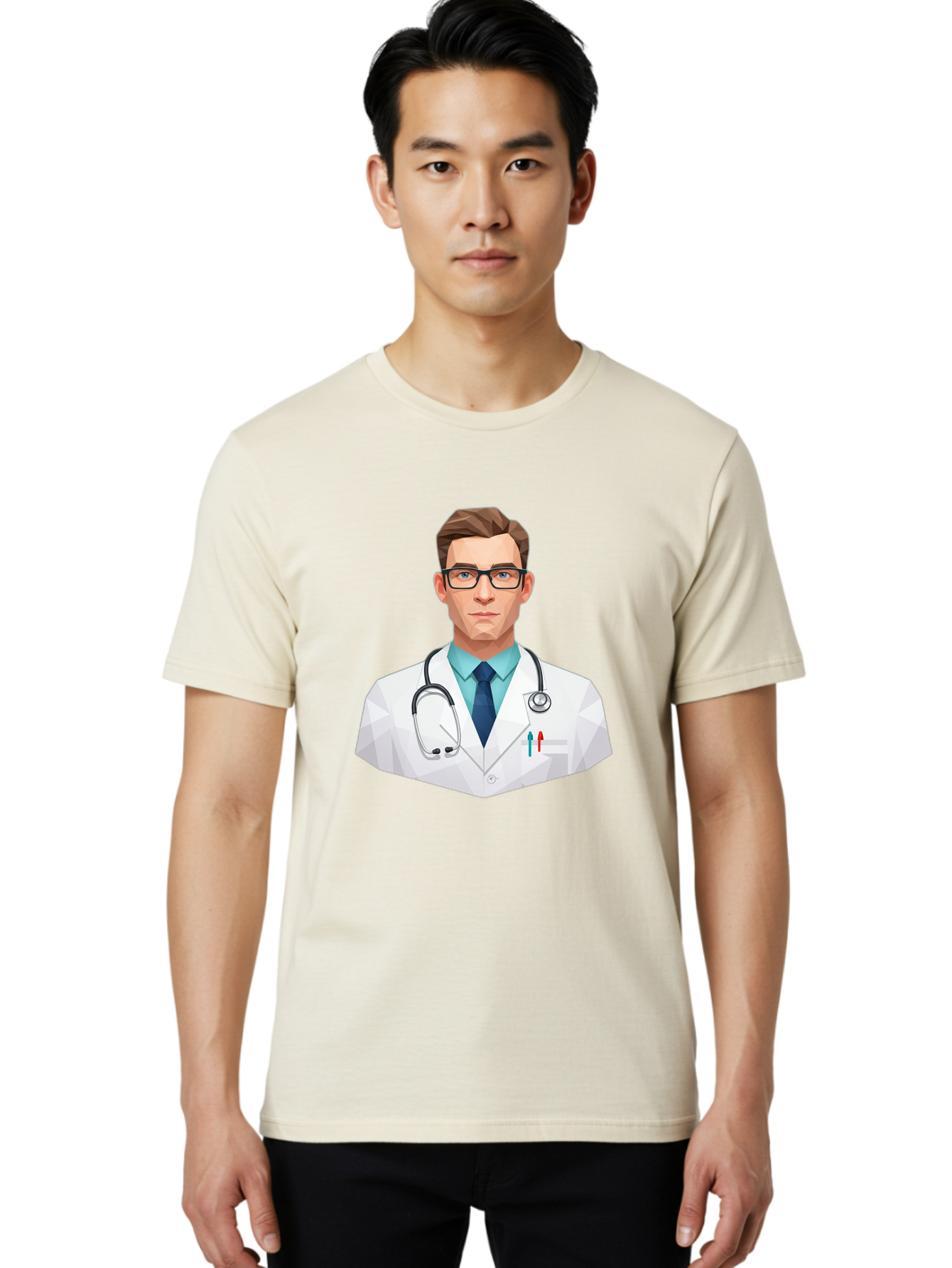 Doctor-4 Men'S Graphic Tee, 100% Cotton, Comfortable Casual Summer Wear, Machine Washable, Male Doctor, Medical Professional, Stethoscope Around Neck, White Lab Coat, Blue Shirt, Dark Blue Tie, Pens In Pocket, Glasses, Low Poly Style, Baa459