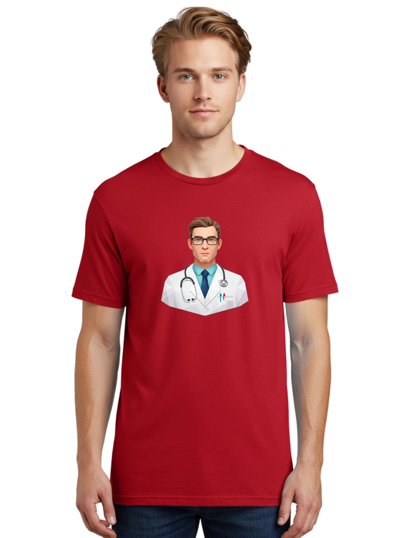 Doctor-4 Men'S Graphic Tee, 100% Cotton, Comfortable Casual Summer Wear, Machine Washable, Male Doctor, Medical Professional, Stethoscope Around Neck, White Lab Coat, Blue Shirt, Dark Blue Tie, Pens In Pocket, Glasses, Low Poly Style, Baa459