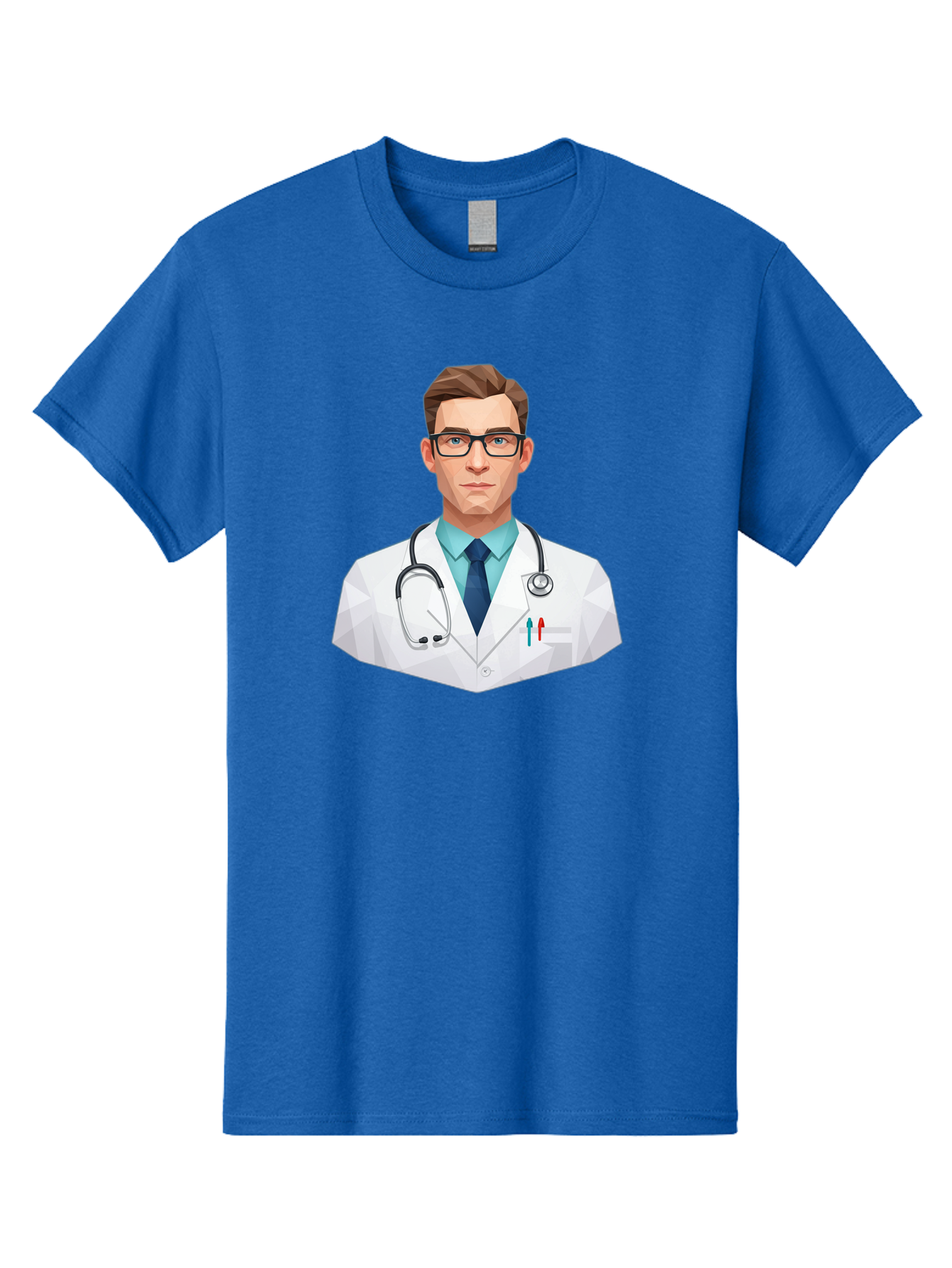 Doctor-4 Men'S Graphic Tee, 100% Cotton, Comfortable Casual Summer Wear, Machine Washable, Male Doctor, Medical Professional, Stethoscope Around Neck, White Lab Coat, Blue Shirt, Dark Blue Tie, Pens In Pocket, Glasses, Low Poly Style, Baa459