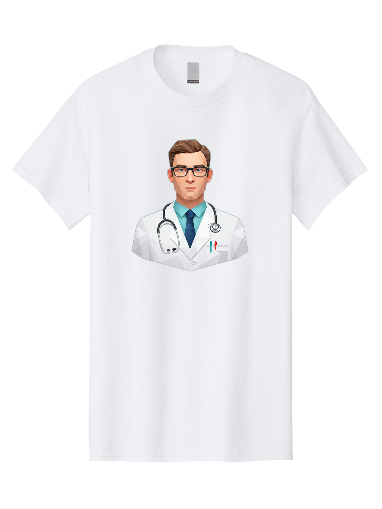 Doctor-4 Men'S Graphic Tee, 100% Cotton, Comfortable Casual Summer Wear, Machine Washable, Male Doctor, Medical Professional, Stethoscope Around Neck, White Lab Coat, Blue Shirt, Dark Blue Tie, Pens In Pocket, Glasses, Low Poly Style, Baa459