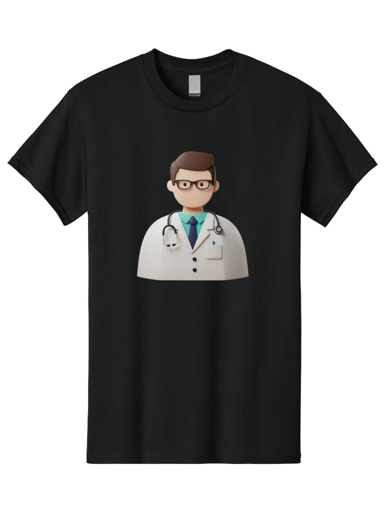 Doctor-5 Men'S Graphic Tee, 100% Cotton, Comfortable Casual Summer Wear, Machine Washable, 3D Cartoon Doctor, Medical Professional, Stethoscope Around Neck, White Lab Coat, Glasses, Blue Shirt, Dark Blue Tie, Healthcare, Medical Care, Baa460