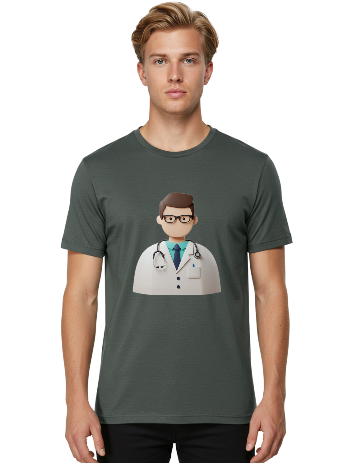 Doctor-5 Men'S Graphic Tee, 100% Cotton, Comfortable Casual Summer Wear, Machine Washable, 3D Cartoon Doctor, Medical Professional, Stethoscope Around Neck, White Lab Coat, Glasses, Blue Shirt, Dark Blue Tie, Healthcare, Medical Care, Baa460