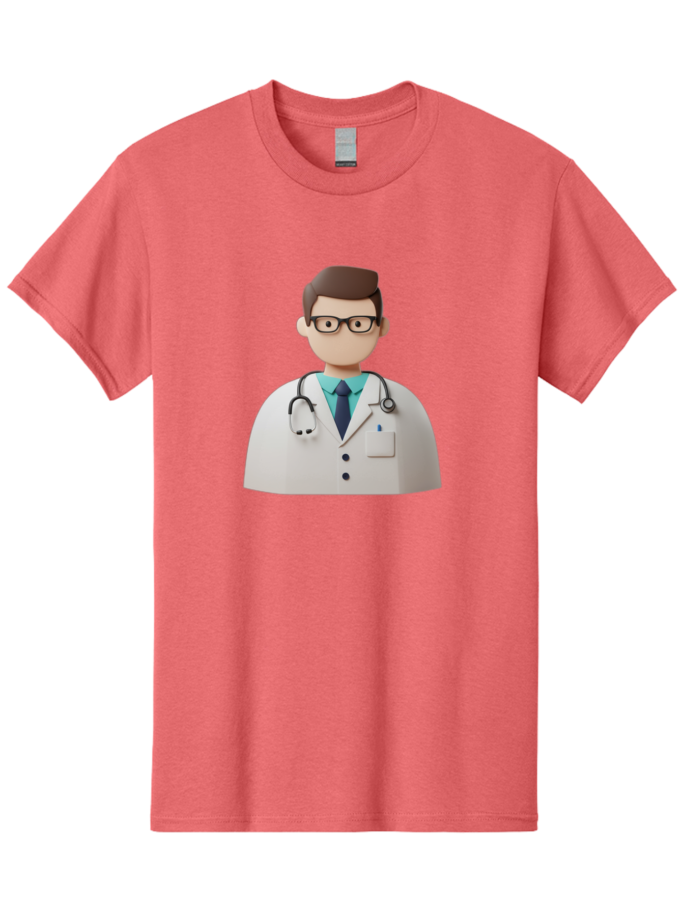 Doctor-5 Men'S Graphic Tee, 100% Cotton, Comfortable Casual Summer Wear, Machine Washable, 3D Cartoon Doctor, Medical Professional, Stethoscope Around Neck, White Lab Coat, Glasses, Blue Shirt, Dark Blue Tie, Healthcare, Medical Care, Baa460