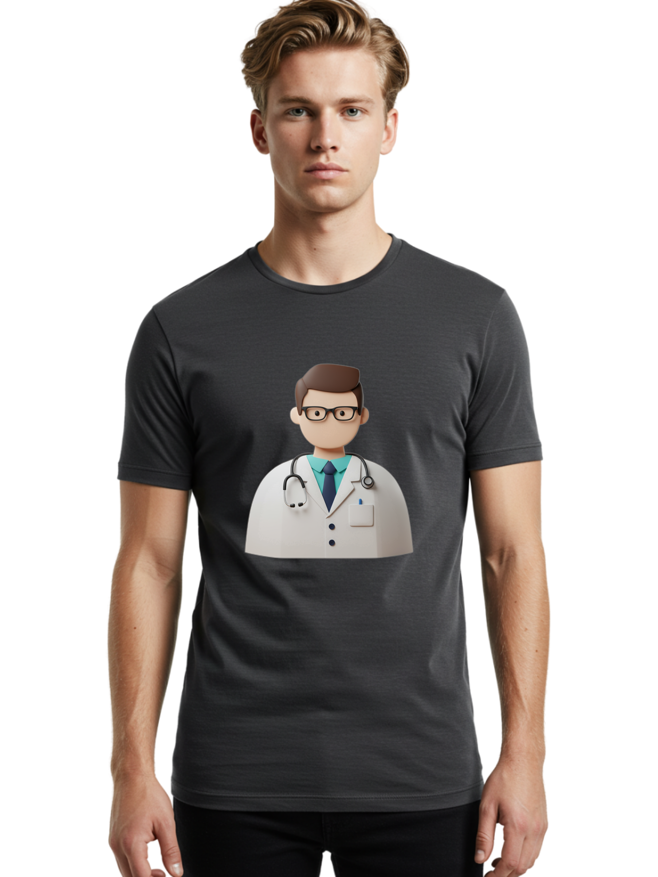 Doctor-5 Men'S Graphic Tee, 100% Cotton, Comfortable Casual Summer Wear, Machine Washable, 3D Cartoon Doctor, Medical Professional, Stethoscope Around Neck, White Lab Coat, Glasses, Blue Shirt, Dark Blue Tie, Healthcare, Medical Care, Baa460
