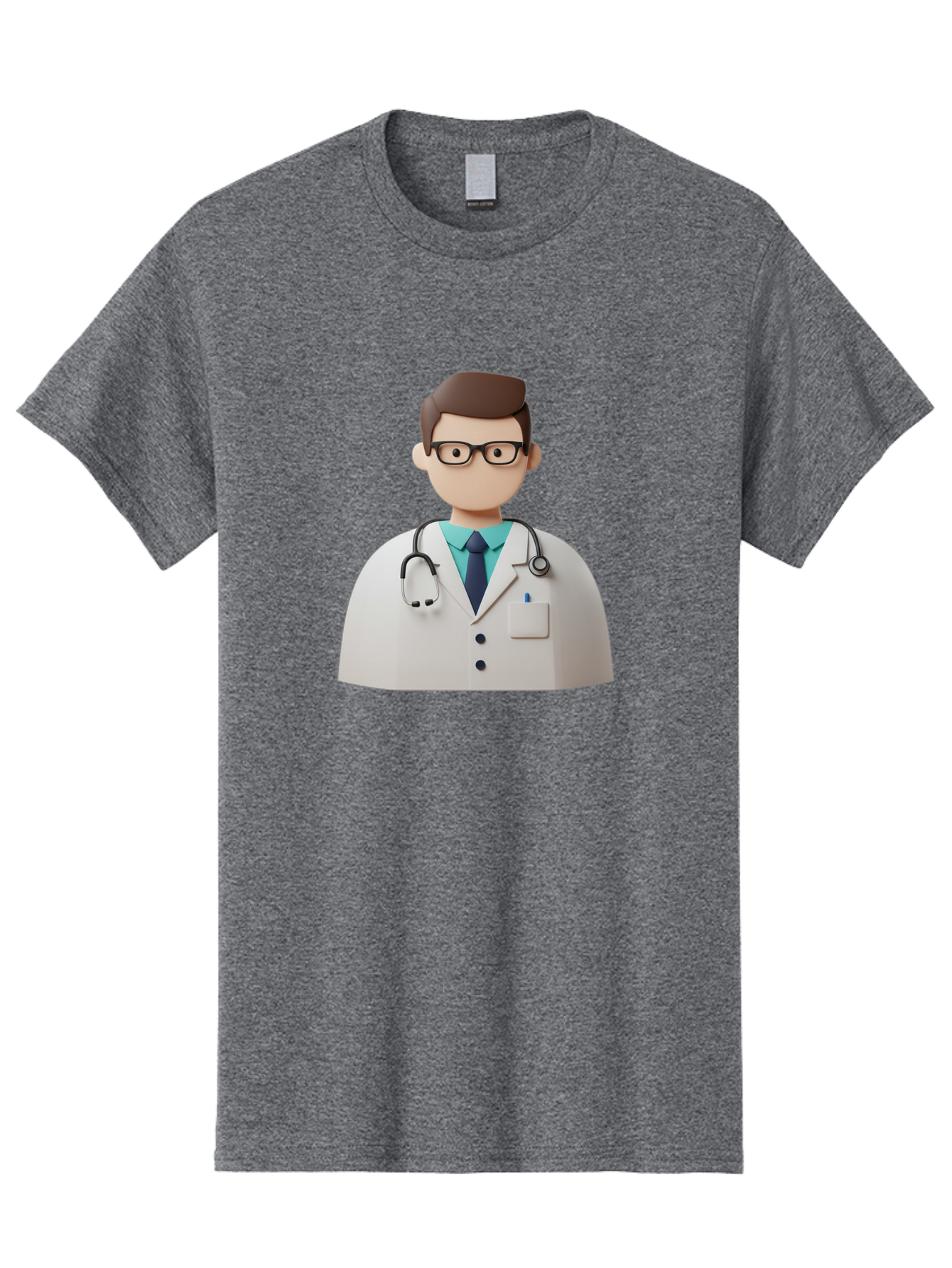 Doctor-5 Men'S Graphic Tee, 100% Cotton, Comfortable Casual Summer Wear, Machine Washable, 3D Cartoon Doctor, Medical Professional, Stethoscope Around Neck, White Lab Coat, Glasses, Blue Shirt, Dark Blue Tie, Healthcare, Medical Care, Baa460