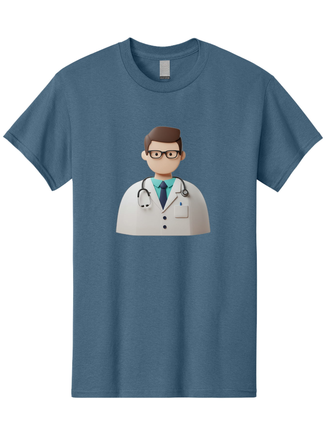 Doctor-5 Men'S Graphic Tee, 100% Cotton, Comfortable Casual Summer Wear, Machine Washable, 3D Cartoon Doctor, Medical Professional, Stethoscope Around Neck, White Lab Coat, Glasses, Blue Shirt, Dark Blue Tie, Healthcare, Medical Care, Baa460