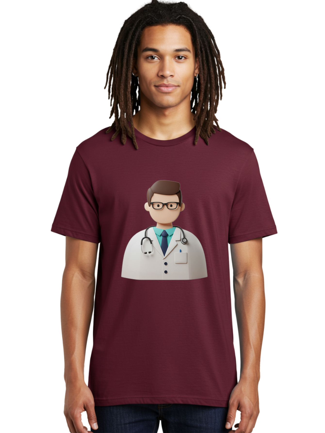 Doctor-5 Men'S Graphic Tee, 100% Cotton, Comfortable Casual Summer Wear, Machine Washable, 3D Cartoon Doctor, Medical Professional, Stethoscope Around Neck, White Lab Coat, Glasses, Blue Shirt, Dark Blue Tie, Healthcare, Medical Care, Baa460