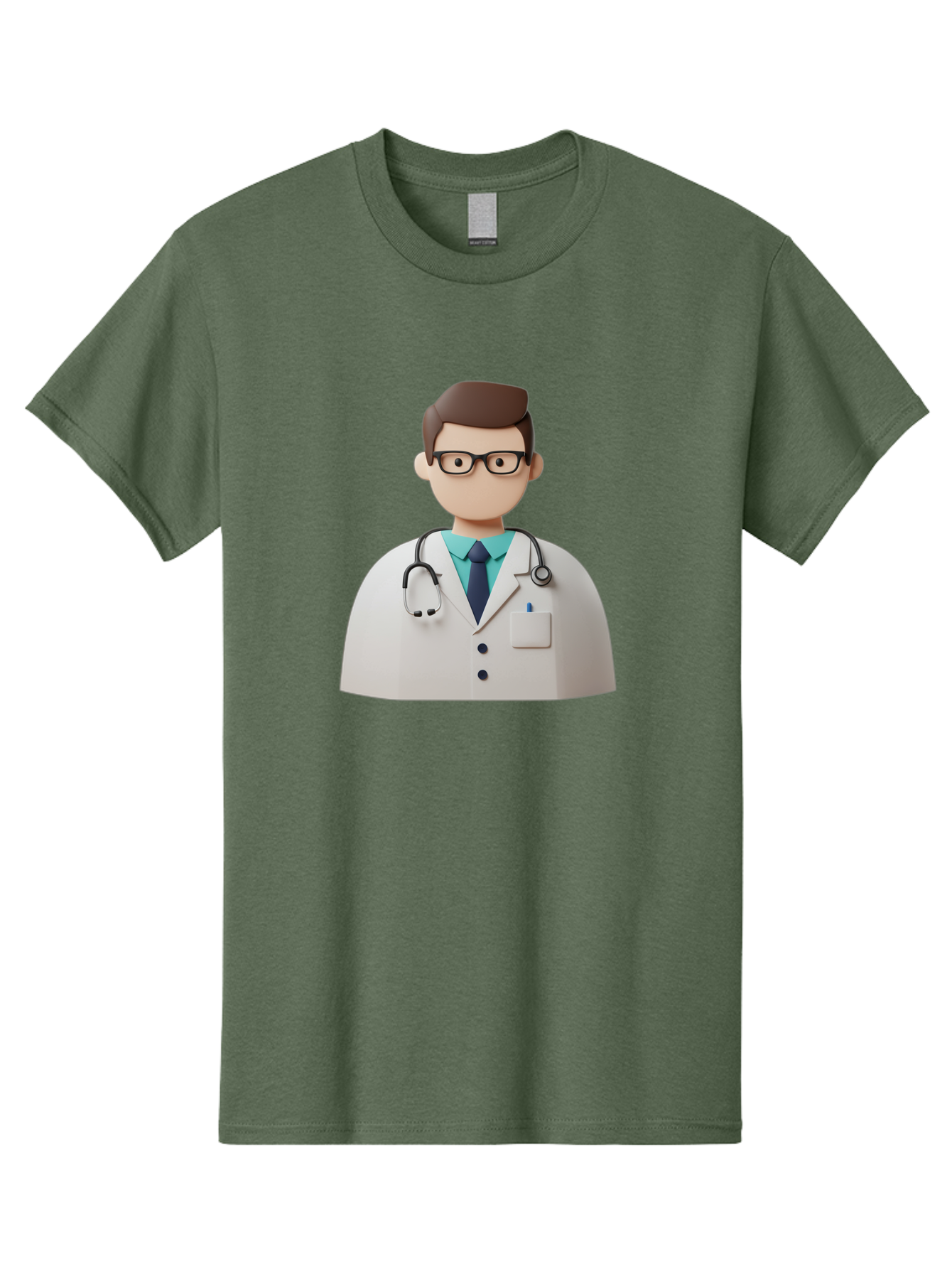 Doctor-5 Men'S Graphic Tee, 100% Cotton, Comfortable Casual Summer Wear, Machine Washable, 3D Cartoon Doctor, Medical Professional, Stethoscope Around Neck, White Lab Coat, Glasses, Blue Shirt, Dark Blue Tie, Healthcare, Medical Care, Baa460