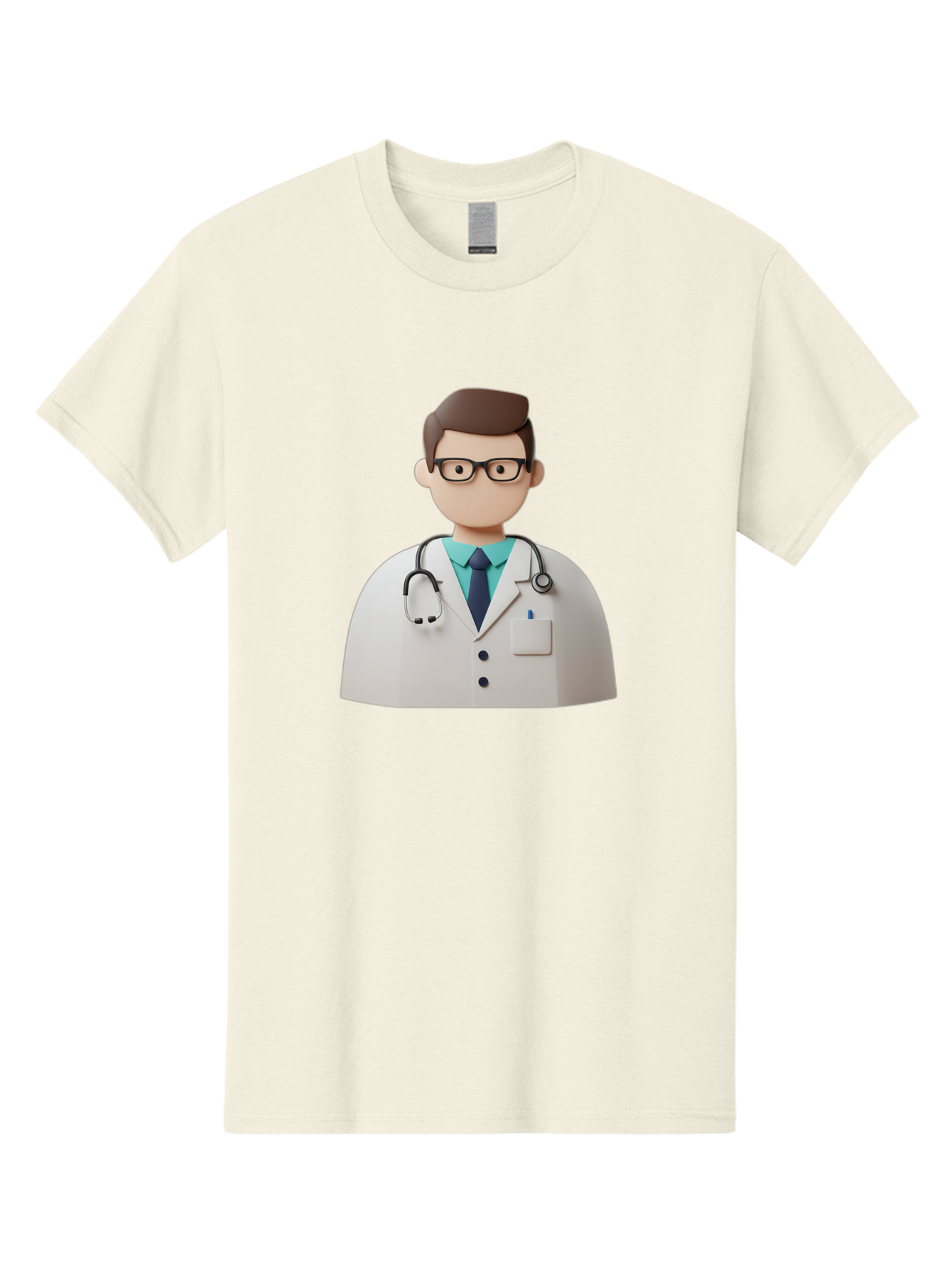 Doctor-5 Men'S Graphic Tee, 100% Cotton, Comfortable Casual Summer Wear, Machine Washable, 3D Cartoon Doctor, Medical Professional, Stethoscope Around Neck, White Lab Coat, Glasses, Blue Shirt, Dark Blue Tie, Healthcare, Medical Care, Baa460