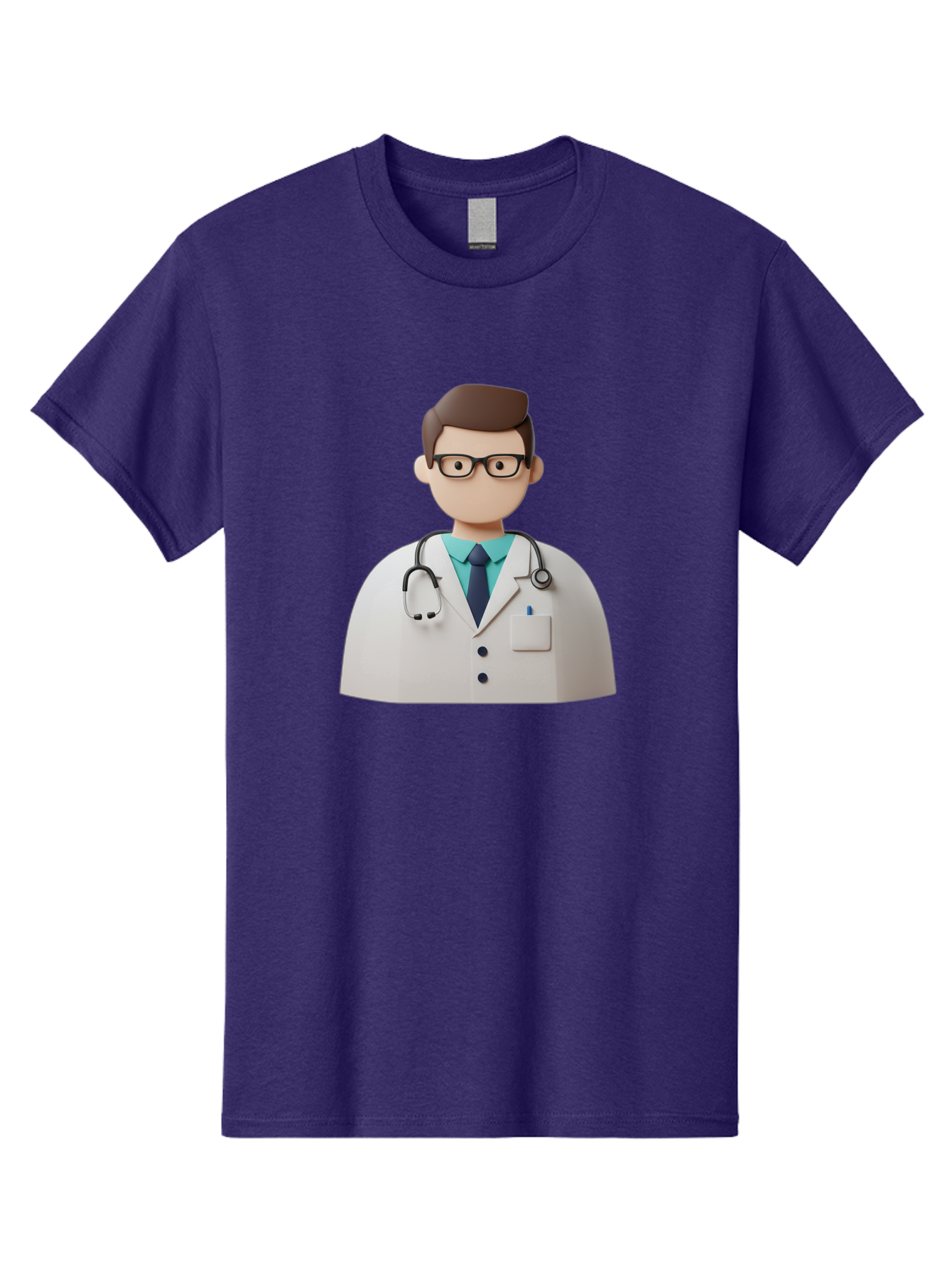 Doctor-5 Men'S Graphic Tee, 100% Cotton, Comfortable Casual Summer Wear, Machine Washable, 3D Cartoon Doctor, Medical Professional, Stethoscope Around Neck, White Lab Coat, Glasses, Blue Shirt, Dark Blue Tie, Healthcare, Medical Care, Baa460