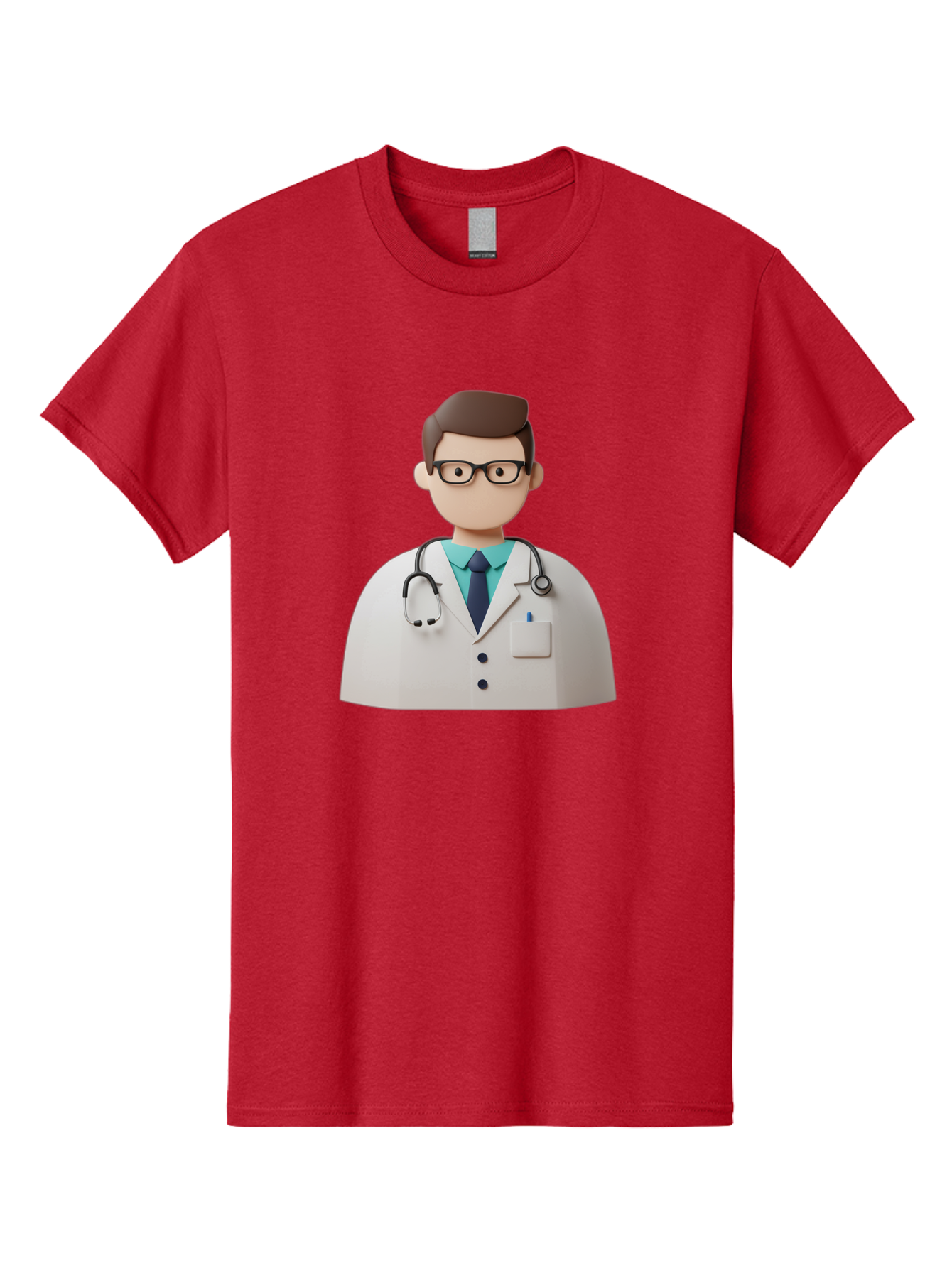 Doctor-5 Men'S Graphic Tee, 100% Cotton, Comfortable Casual Summer Wear, Machine Washable, 3D Cartoon Doctor, Medical Professional, Stethoscope Around Neck, White Lab Coat, Glasses, Blue Shirt, Dark Blue Tie, Healthcare, Medical Care, Baa460