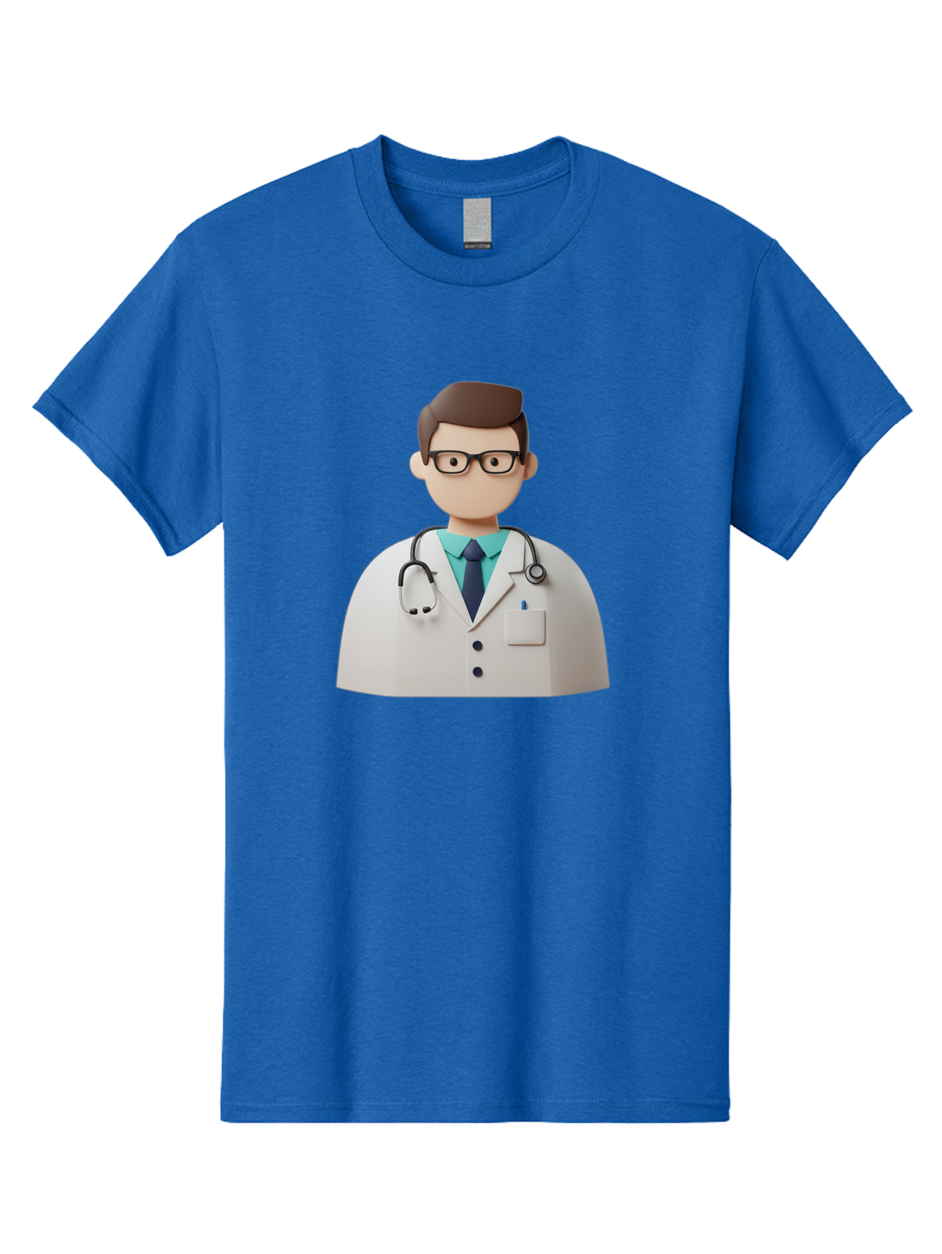 Doctor-5 Men'S Graphic Tee, 100% Cotton, Comfortable Casual Summer Wear, Machine Washable, 3D Cartoon Doctor, Medical Professional, Stethoscope Around Neck, White Lab Coat, Glasses, Blue Shirt, Dark Blue Tie, Healthcare, Medical Care, Baa460
